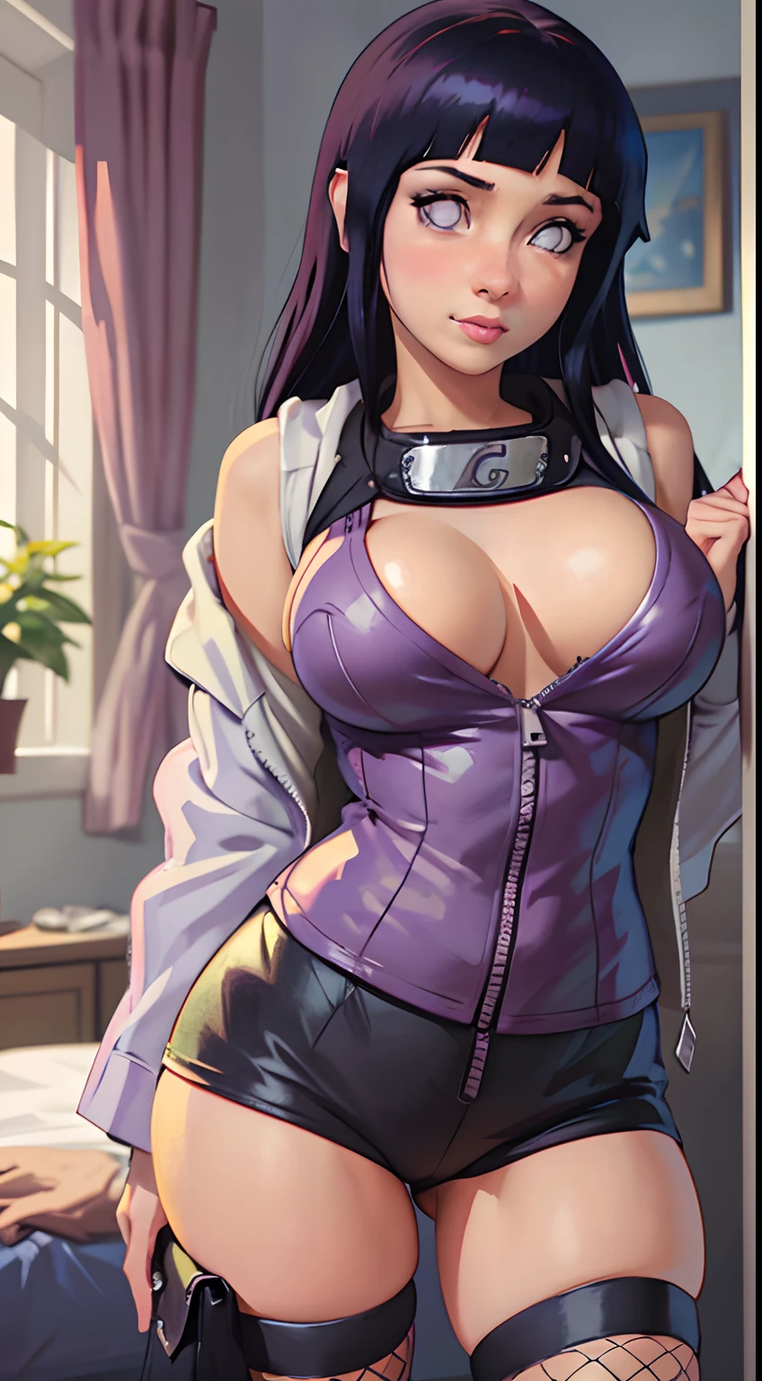 Masterpiece, highres, high Quality, detailed face, detailed body render, 1girl, solo, hyuuga hinata, hinata-sleeveless-outfit, large breasts, big breast, sleeveless shirt, fishnet top, dark lips, unzipped jacket, no bra, breasts out, nipple, standing, blushes, (on bedroom)