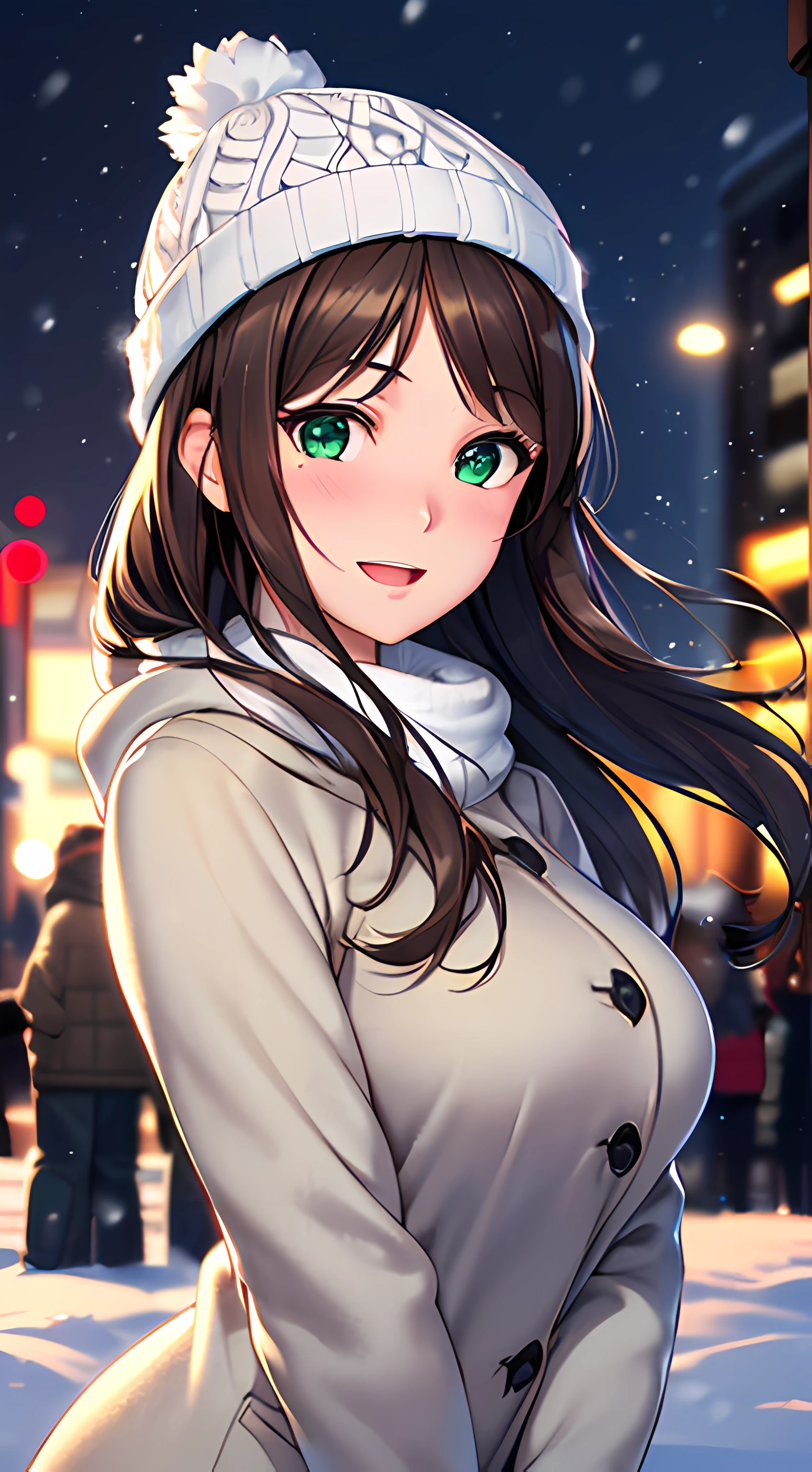 ((masterpiece, best quality, highres, UHD, perfect pixel, depth of field, 4k, RTX, HDR)), 1girl, single, solo, 24 years old, beautiful anime girl, beautiful artstyle, anime character, ((long hair, parted bangs, brown hair)), (green eyes:1.4, rounded eyes, beautiful eyelashes, realistic eyes), (detailed face, blushing:1.2), (smooth texture:0.75, realistic texture:0.65, photorealistic:1.2, cinematic, anime CG style), medium breasts, perfect body, busty, (dynamic angle, pov, close up), ((winter clothes, long coats, knit hat, mittens, gloves, long underwear)), night, night lamp, city lights, bokeh:1.4, (outdoor, city buildings, crowd), ((winter, snow, snow crystal, winter pine trees)), sly smile, open mouth