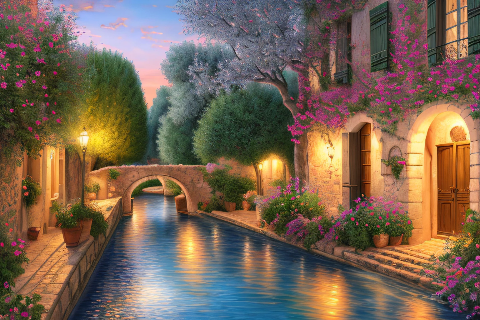 Provencal village, Eau,coucher du soleil,fleurs(Highly detailed CG Unit 8k wallpaper), The most beautiful work of art in the world, Professional majestic oil painting, complexe, High detail, mise au point nette, dramatique, Art of photorealist painting,