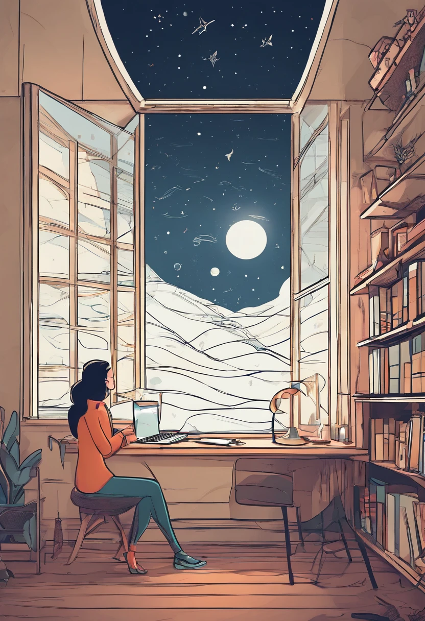 Wallpapers,tmasterpiece,best qualtiy,cinematic Film still from,Boys and girls sit together,Boy doing homework by the window,The girl looked at the starry sky,Looking at the sea in front of you,A full moon,autumnal,beachside