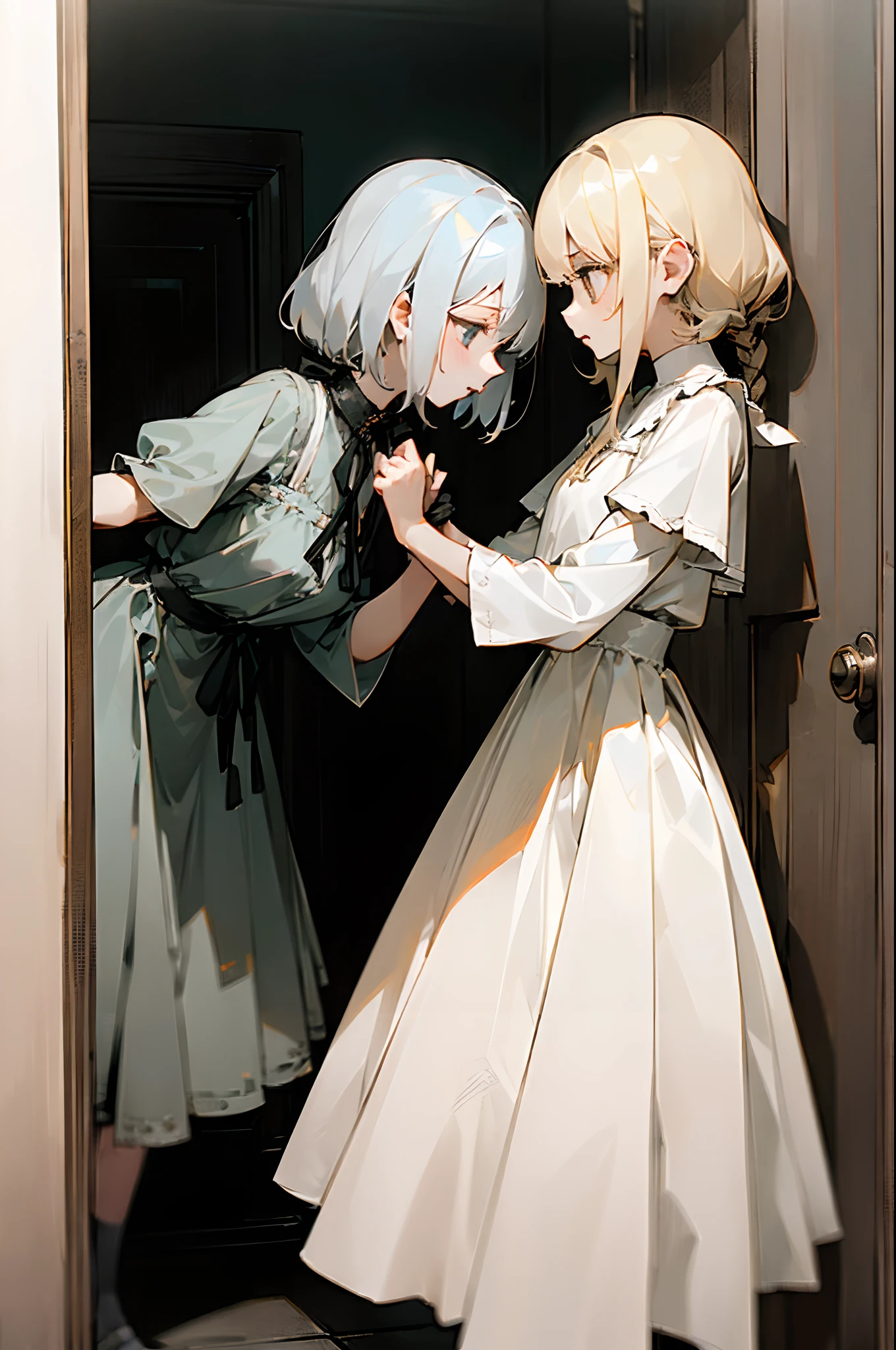 (Two girls strangling each other:1.5)、Doppelganger、speculum、Blonde and silver-haired、creepy atmosphera、Irrational symbols、Uninhabited room、Open Door、Paintings by Hammershøi、White and black and gray、Spiritual silence、Raw photography、Super detailed illustration、Deviantart Trends