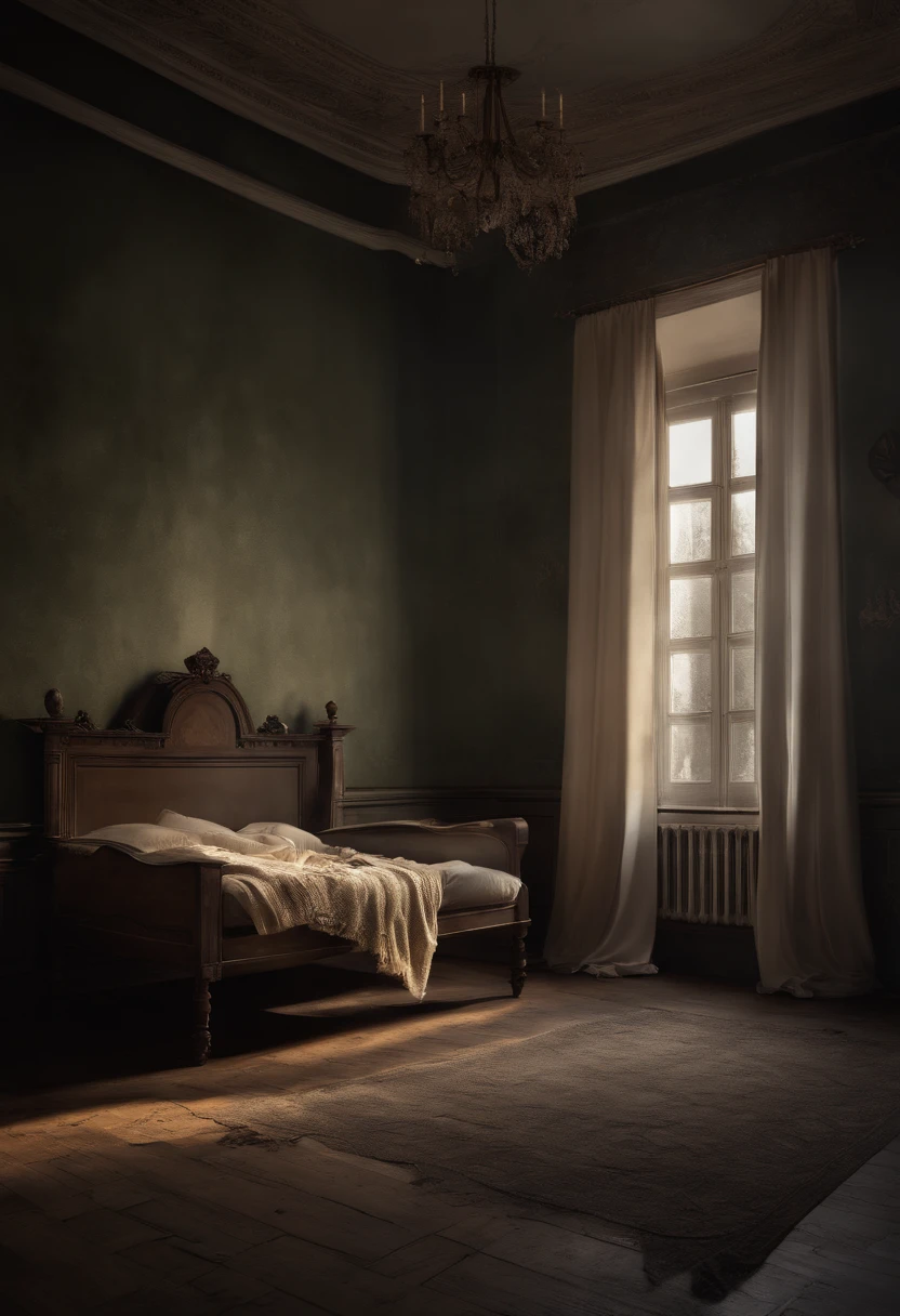 (best quality,hight resolution),Sad Demon Angel, der auf einem Bett in einem heruntergekommenen Schlafzimmer sitzt, zerbrochene Fenster, peeling wallpaper destroy walls,Illustration,Detaillierte Augen,detaillierte Lippen,Extrem detailliertes Gesicht,somber atmosphere,trostloses Zimmer,Dusty furniture,tattered curtains,altes Bettgestell,Knarrende Dielen,dim illumination,Unheilvolle Schatten,Trauriger Gesichtsausdruck,Eine einzige Lichtquelle,Emotionale Tiefe,eindringlich realistisch,gloomy color palette,Lebendige Kontraste