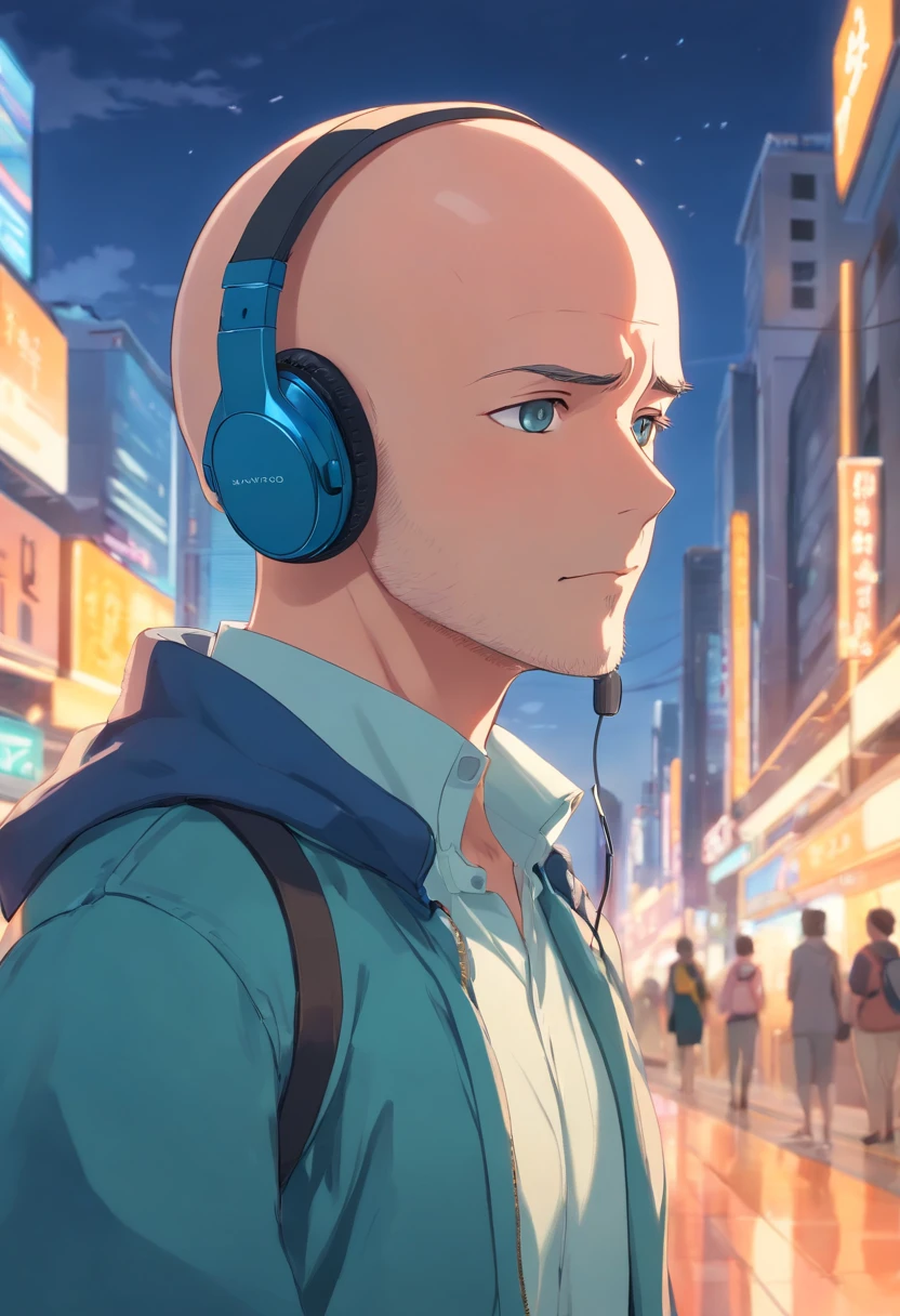 A bald man dressed as Midorya with headphone on his head