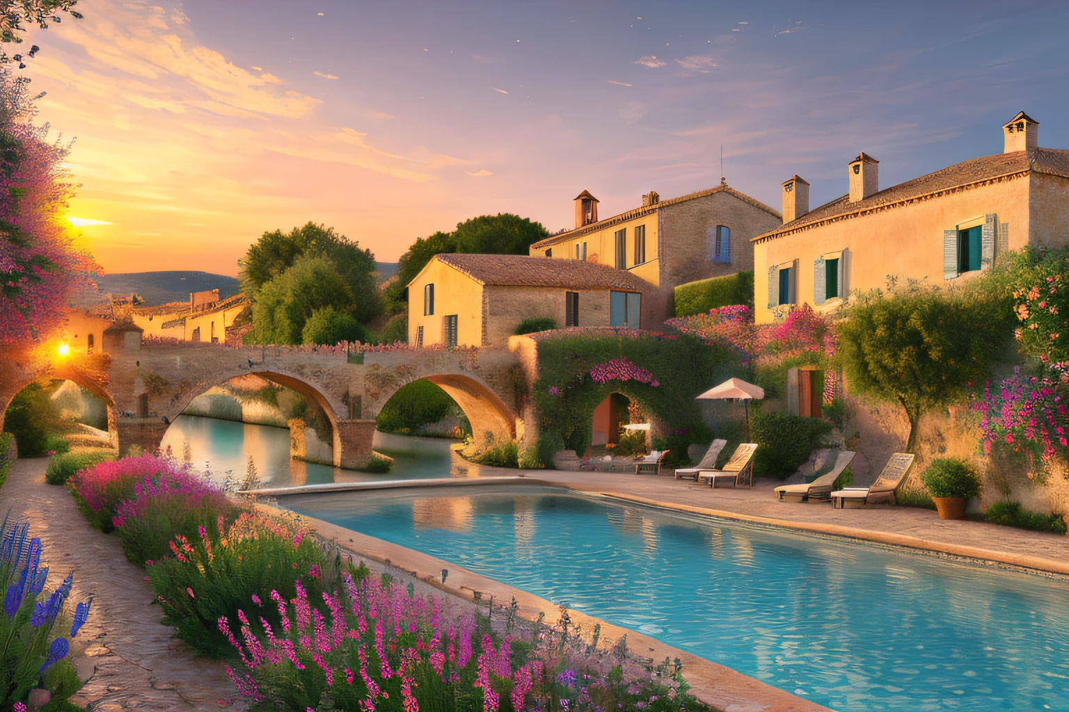 Provencal village, Eau,coucher du soleil,fleurs(Highly detailed CG Unit 8k wallpaper), The most beautiful work of art in the world, Professional majestic oil painting, complexe, High detail, mise au point nette, dramatique, Art of photorealist painting,