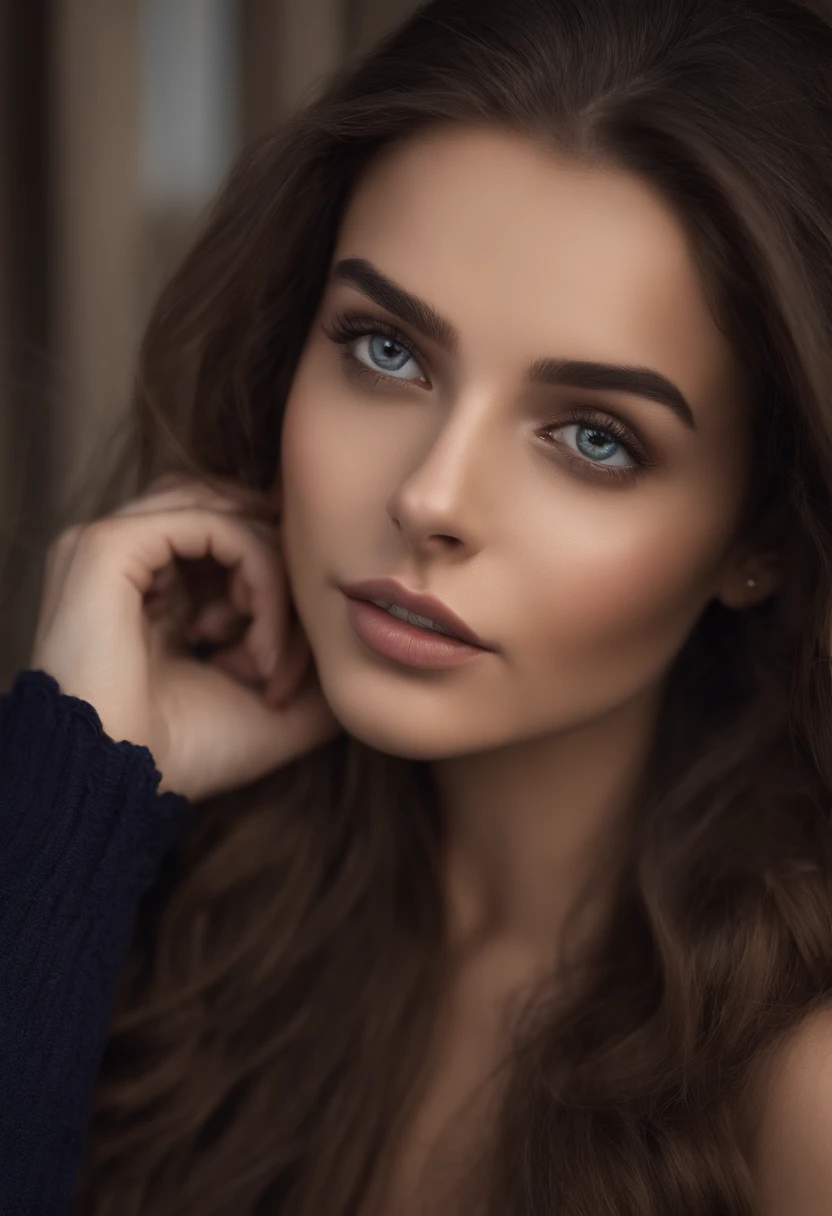 Arafed woman completely , fille sexy aux yeux bruns, ultra realist, Meticulously detailed, Portrait Sophie Mudd, slightly dark brown hair and large eyes, selfie of a young woman, Yeux de chambre, Violet Myers, sans maquillage, maquillage naturel, looking straight at camera, Visage avec Artgram, Maquillage subtil, Superbe photo du corps entier, sur une tersasse dans le sud de la France, Medium to large bust
