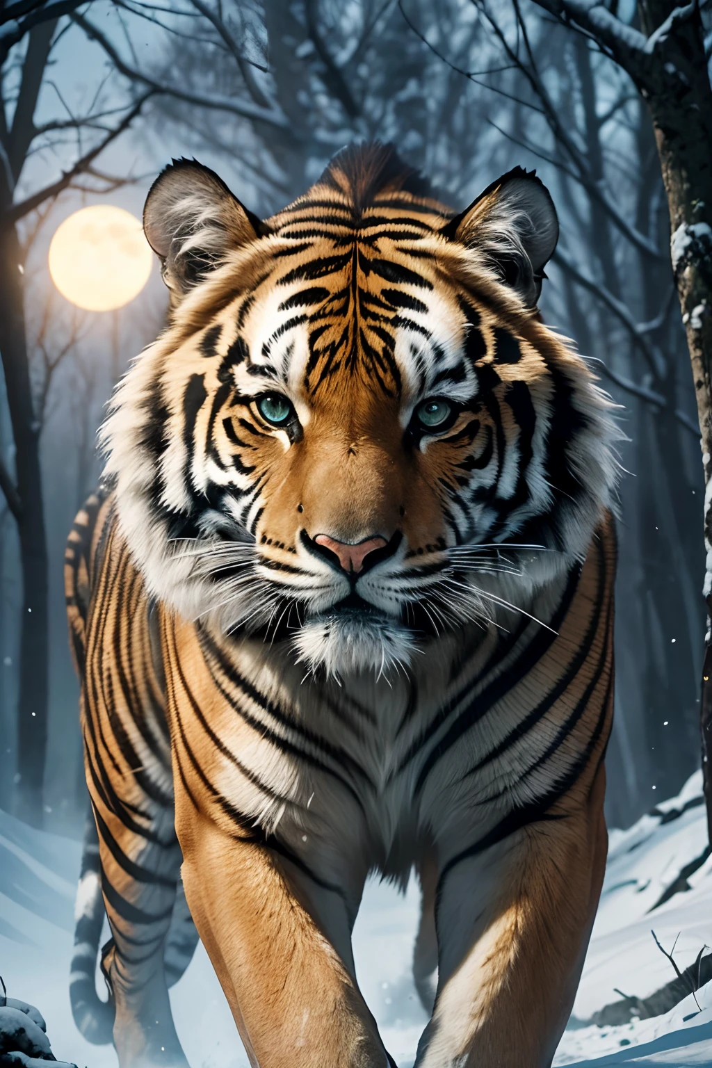 ((Film grain, bokeh, light particles ,Dust, Extreme camera angle)), Bengal Tiger, Leader of the Pack, Alpha male, fur, A Proud Position, piercing eyes, Majestic presence, A sense of power, desert, Moon Forest, howling, Packaging dynamics, unity, fidelity, predominance, intense gaze, Ferocious and fearless, Strong and muscular, Protective Instincts,,,,,,,,,, predator, camo, Natural Habitat, Winter landscape, snowy terrain, Silent Steps, Imperceptible movements, Symphony of Nature, Indomitable Beauty, An Unattached Spirit, Wild & free, wildlife, Ancient Wisdom, Primal Instincts, Leader of the Pack, mysterious aura, Presence in the team, Domination in Nature, Strength in Unity, Survival of the fittest, Embodiment of the power of nature, Fearlessness in the face of adversity, Indomitable Will, Harmonious coexistence, Fierce Devotion, A Connection to Wildlife, Forest Keeper, Lord of the Night. (Best Quality,4k,8K,hight resolution,Masterpiece:1.2),Ultra-detailed,(Realistic,Photorealistic,photo-realistic:1.37), Mesmerizing lighting, bright colours, surrealistic atmosphere.