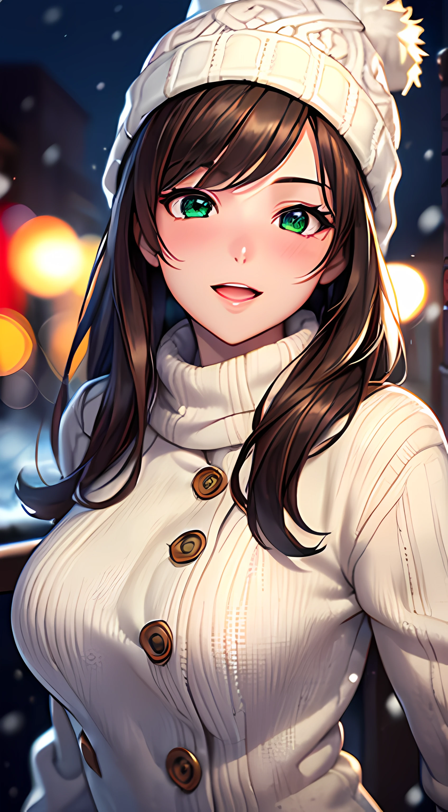 ((masterpiece, best quality, highres, UHD, perfect pixel, depth of field, 4k, RTX, HDR)), 1girl, single, solo, 24 years old, beautiful anime girl, beautiful artstyle, anime character, ((long hair, parted bangs, brown hair)), (green eyes:1.4, rounded eyes, beautiful eyelashes, realistic eyes), (detailed face, blushing:1.2), (smooth texture:0.75, realistic texture:0.65, photorealistic:1.2, cinematic, anime CG style), medium breasts, perfect body, busty, (dynamic angle, pov, close up), ((winter clothes, long coats, knit hat, mittens, gloves, long underwear)), night, night lamp, city lights, bokeh:1.4, (outdoor, city buildings, crowd), ((winter, snow, snow crystal, winter pine trees)), sly smile, open mouth