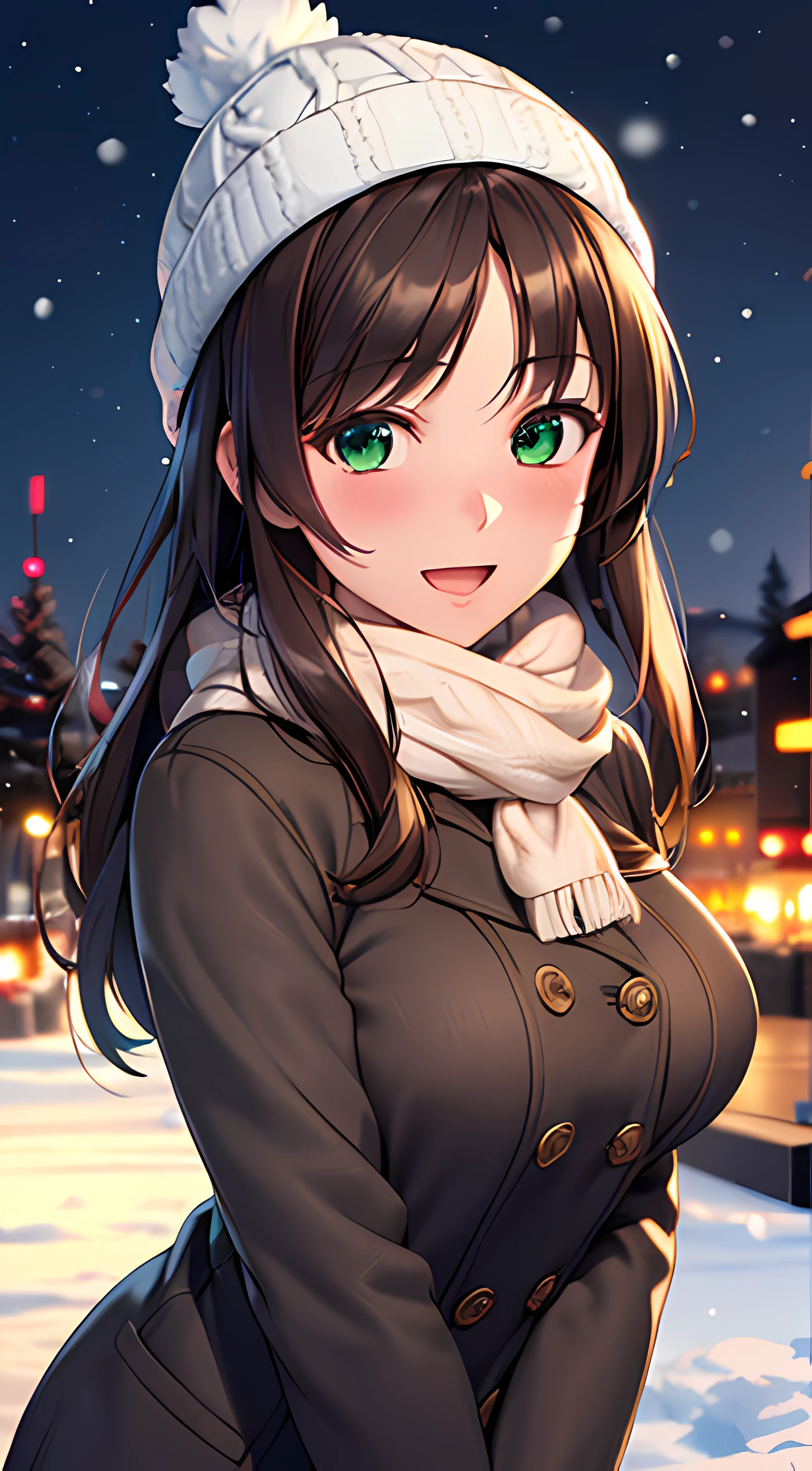 ((masterpiece, best quality, highres, UHD, perfect pixel, depth of field, 4k, RTX, HDR)), 1girl, single, solo, 24 years old, beautiful anime girl, beautiful artstyle, anime character, ((long hair, parted bangs, brown hair)), (green eyes:1.4, rounded eyes, beautiful eyelashes, realistic eyes), (detailed face, blushing:1.2), (smooth texture:0.75, realistic texture:0.65, photorealistic:1.2, cinematic, anime CG style), medium breasts, perfect body, busty, (dynamic angle, pov, close up), ((winter clothes, long coats, knit hat, mittens, gloves, long underwear)), night, night lamp, city lights, bokeh:1.4, (outdoor, city buildings, crowd), ((winter, snow, snow crystal, winter pine trees)), sly smile, open mouth