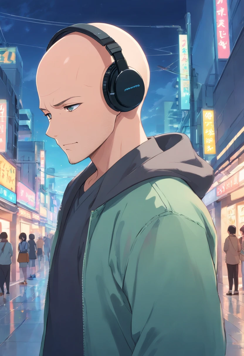 A bald man dressed as Midorya with headphone on his head