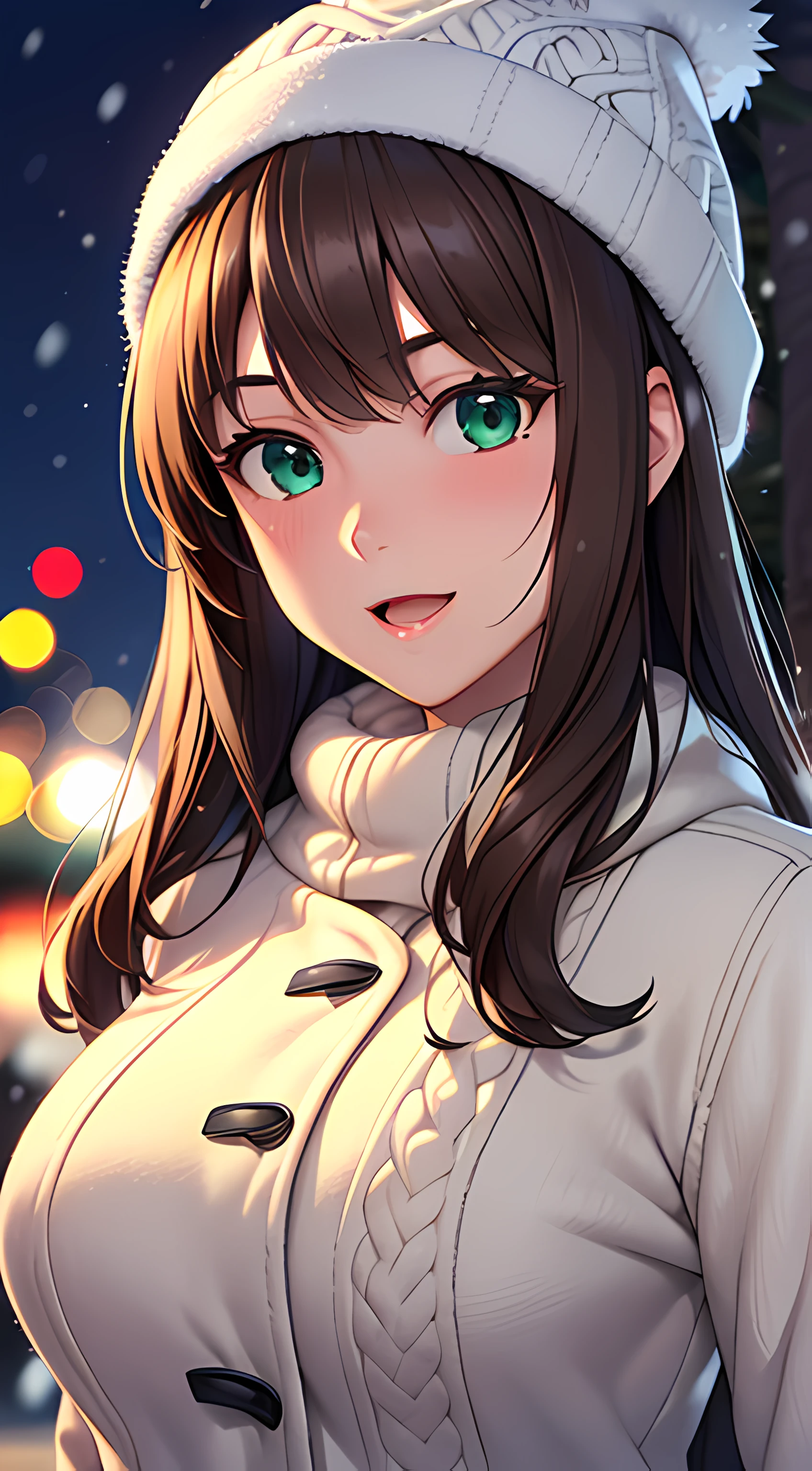 ((masterpiece, best quality, highres, UHD, perfect pixel, depth of field, 4k, RTX, HDR)), 1girl, single, solo, 24 years old, beautiful anime girl, beautiful artstyle, anime character, ((long hair, parted bangs, brown hair)), (green eyes:1.4, rounded eyes, beautiful eyelashes, realistic eyes), (detailed face, blushing:1.2), (smooth texture:0.75, realistic texture:0.65, photorealistic:1.2, cinematic, anime CG style), medium breasts, perfect body, busty, (dynamic angle, pov, close up), ((winter clothes, long coats, knit hat, mittens, gloves, long underwear)), night, night lamp, city lights, bokeh:1.4, (outdoor, city buildings, crowd), ((winter, snowfall, winter pine trees)), sly smile, open mouth