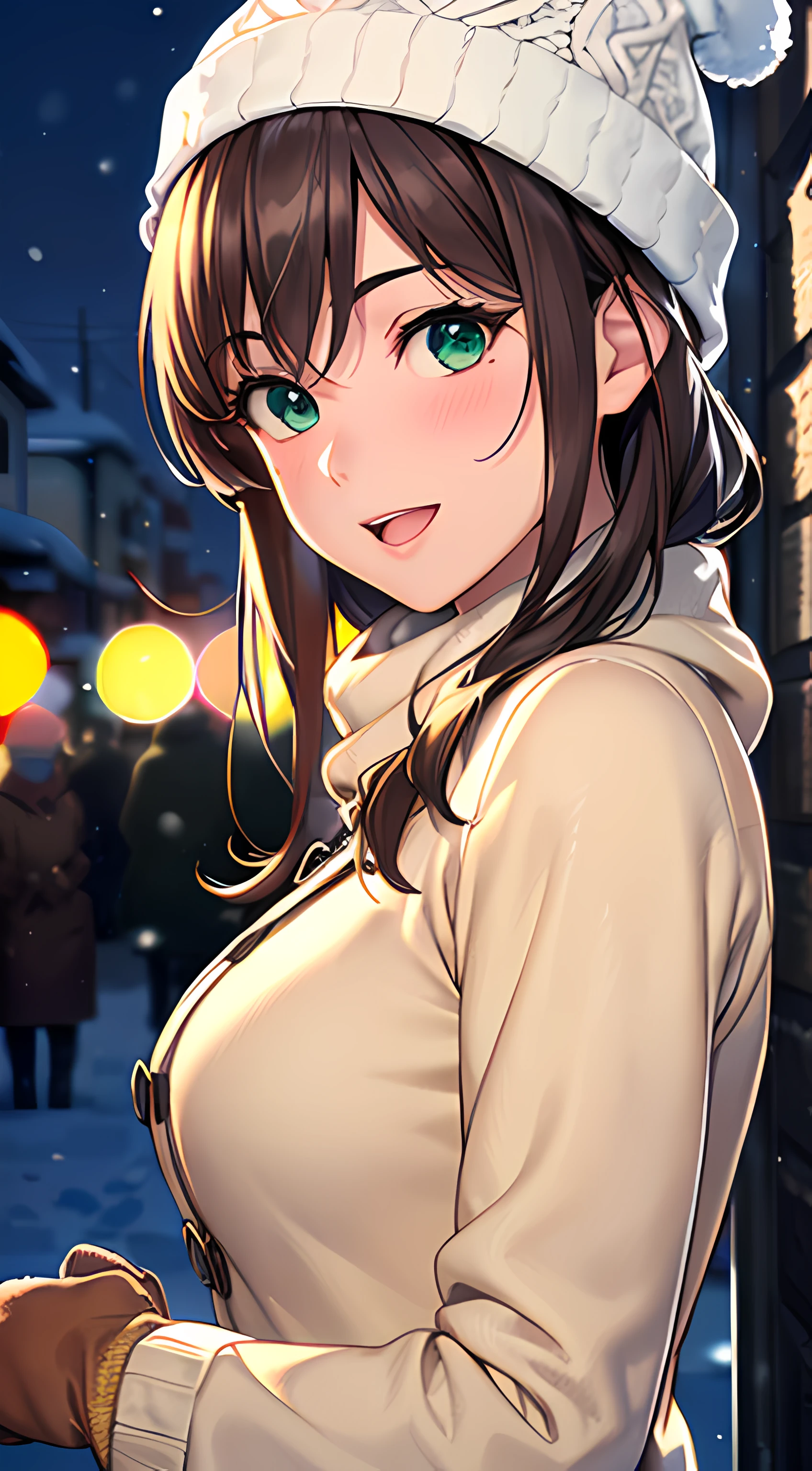 ((masterpiece, best quality, highres, UHD, perfect pixel, depth of field, 4k, RTX, HDR)), 1girl, single, solo, 24 years old, beautiful anime girl, beautiful artstyle, anime character, ((long hair, parted bangs, brown hair)), (green eyes:1.4, rounded eyes, beautiful eyelashes, realistic eyes), (detailed face, blushing:1.2), (smooth texture:0.75, realistic texture:0.65, photorealistic:1.2, cinematic, anime CG style), medium breasts, perfect body, busty, (dynamic angle, pov, close up), ((winter clothes, long coats, knit hat, mittens, gloves, long underwear)), night, night lamp, city lights, bokeh:1.4, (outdoor, city buildings, crowd), ((winter, snowfall, winter pine trees)), sly smile, open mouth