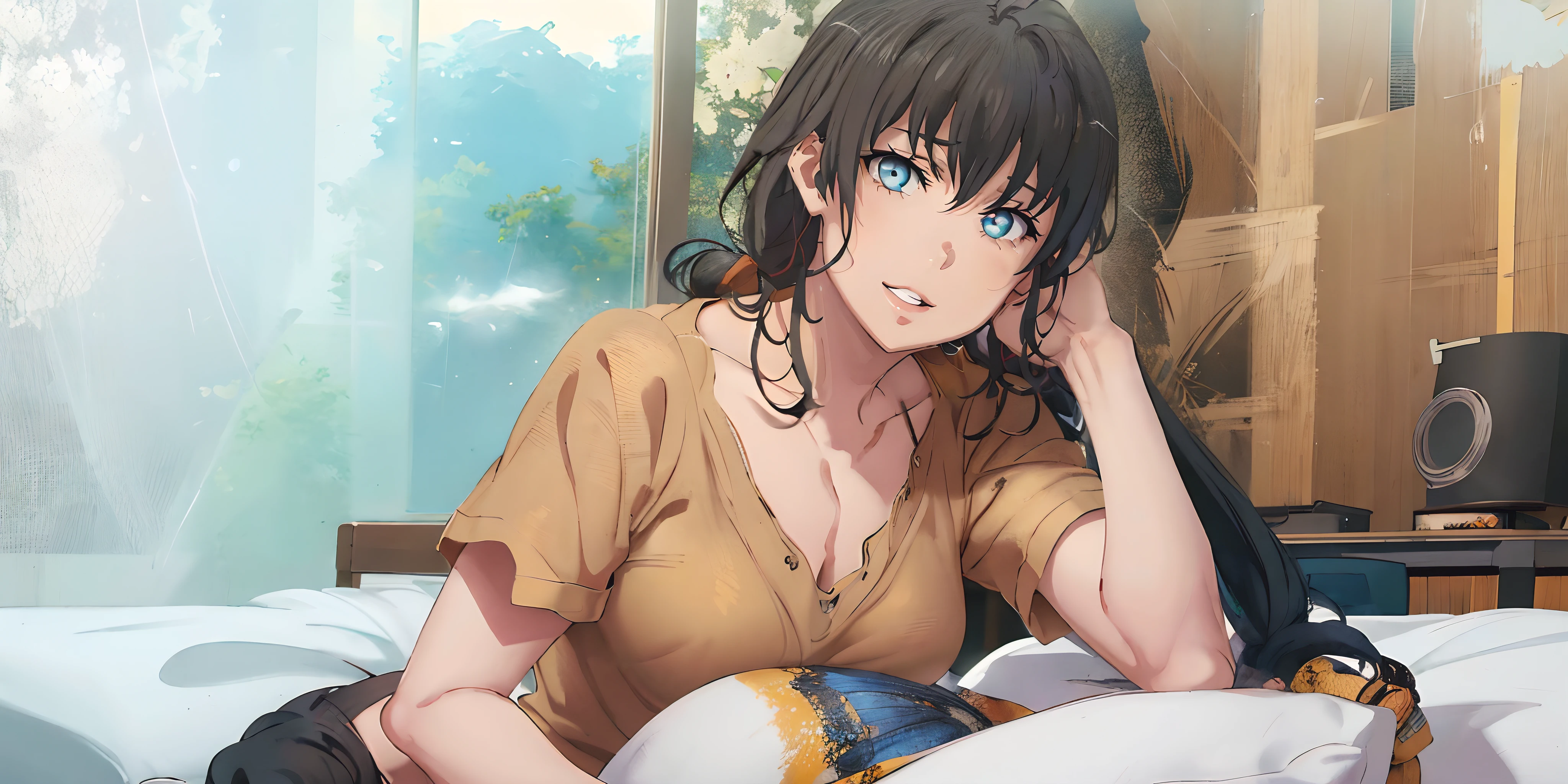 yukinoshita yukino, (long hair, black hair, sidelocks:1.5), (blue eyes:1.5), 1girl, shirt, indoors, solo, yellow_shirt, short_sleeves, looking_at_viewer, day, breasts, bed, orange_shirt, brown_shirt, collarbone, window, pillow, chair, table, on_stomach, on_bed, glow effects, godrays, Hand drawn, render, 8k, octane render, cinema 4d, blender, dark, atmospheric 4k ultra detailed, cinematic, Sharp focus, big depth of field, Masterpiece, colors, 3d octane render, 4k, concept art, trending on artstation, hyperrealistic, Vivid colors, extremely detailed CG unity 8k wallpaper, trending on CGSociety, Intricate, High Detail, dramatic, anime coloring, anime screencap, steaming body, fog, heavy breathing,