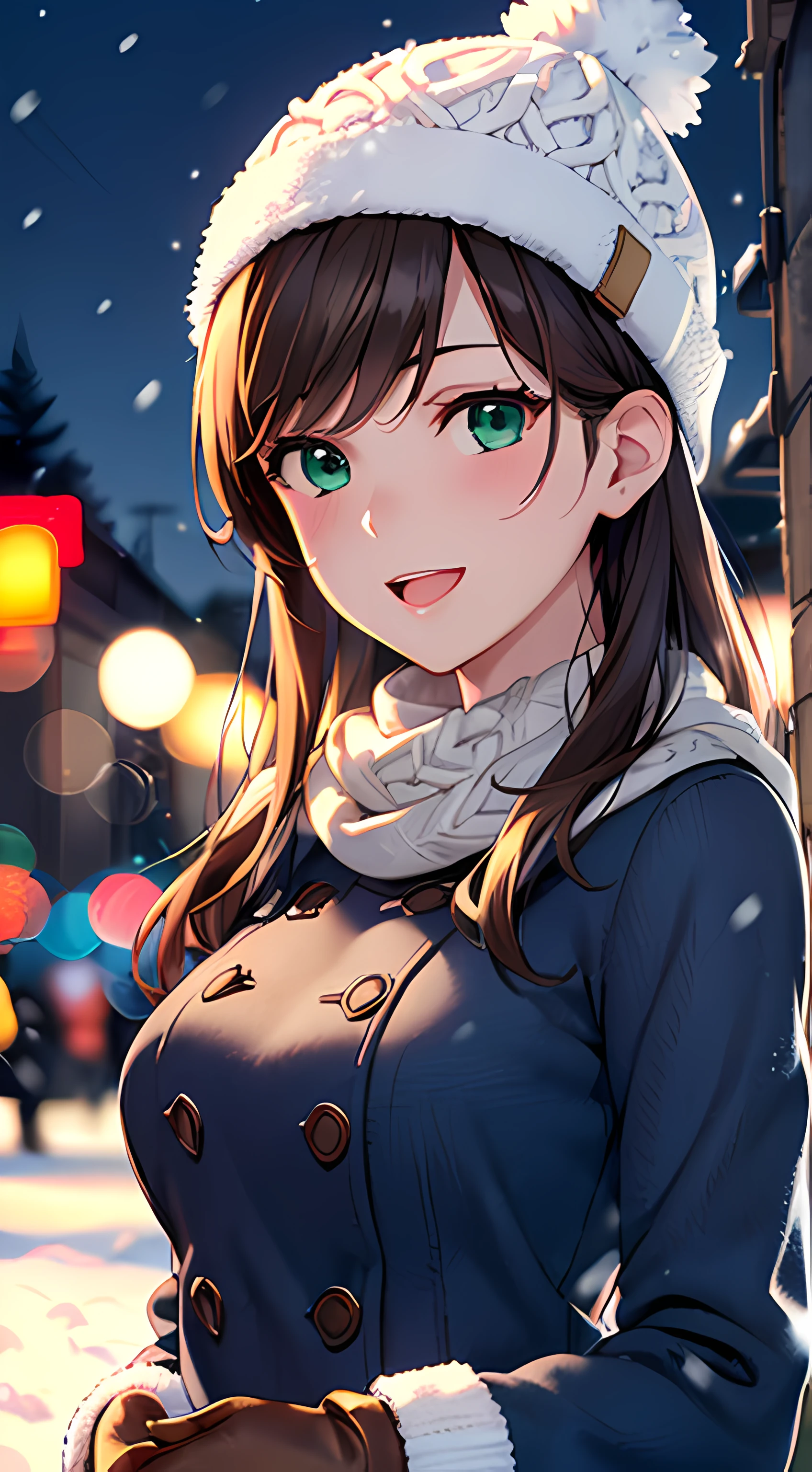 ((masterpiece, best quality, highres, UHD, perfect pixel, depth of field, 4k, RTX, HDR)), 1girl, single, solo, 24 years old, beautiful anime girl, beautiful artstyle, anime character, ((long hair, parted bangs, brown hair)), (green eyes:1.4, rounded eyes, beautiful eyelashes, realistic eyes), (detailed face, blushing:1.2), (smooth texture:0.75, realistic texture:0.65, photorealistic:1.2, cinematic, anime CG style), medium breasts, perfect body, busty, (dynamic angle, pov, close up), ((winter clothes, long coats, knit hat, mittens, gloves, long underwear)), night, night lamp, city lights, bokeh:1.4, (outdoor, city buildings, crowd), ((winter, snowfall, winter pine trees)), sly smile, open mouth