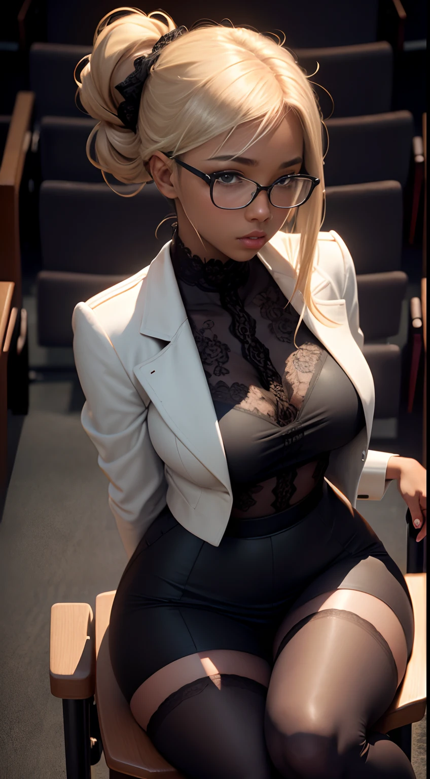 1girl, solo, masterpiece, high quality, high detail, HDR, 8k, volumetric lighting, subsurface scattering, beautiful 20 year old woman, asian, (dark skin:1.2), blonde hair, updo, large breasts, college auditorium, sitting in chair, legs spread apart, straddling chair, sexy pose, erotic pose, seductive look, grey blazer, (lace bra), pantyhose, knee high boots, glasses, high angle shot, shot from above, 105515