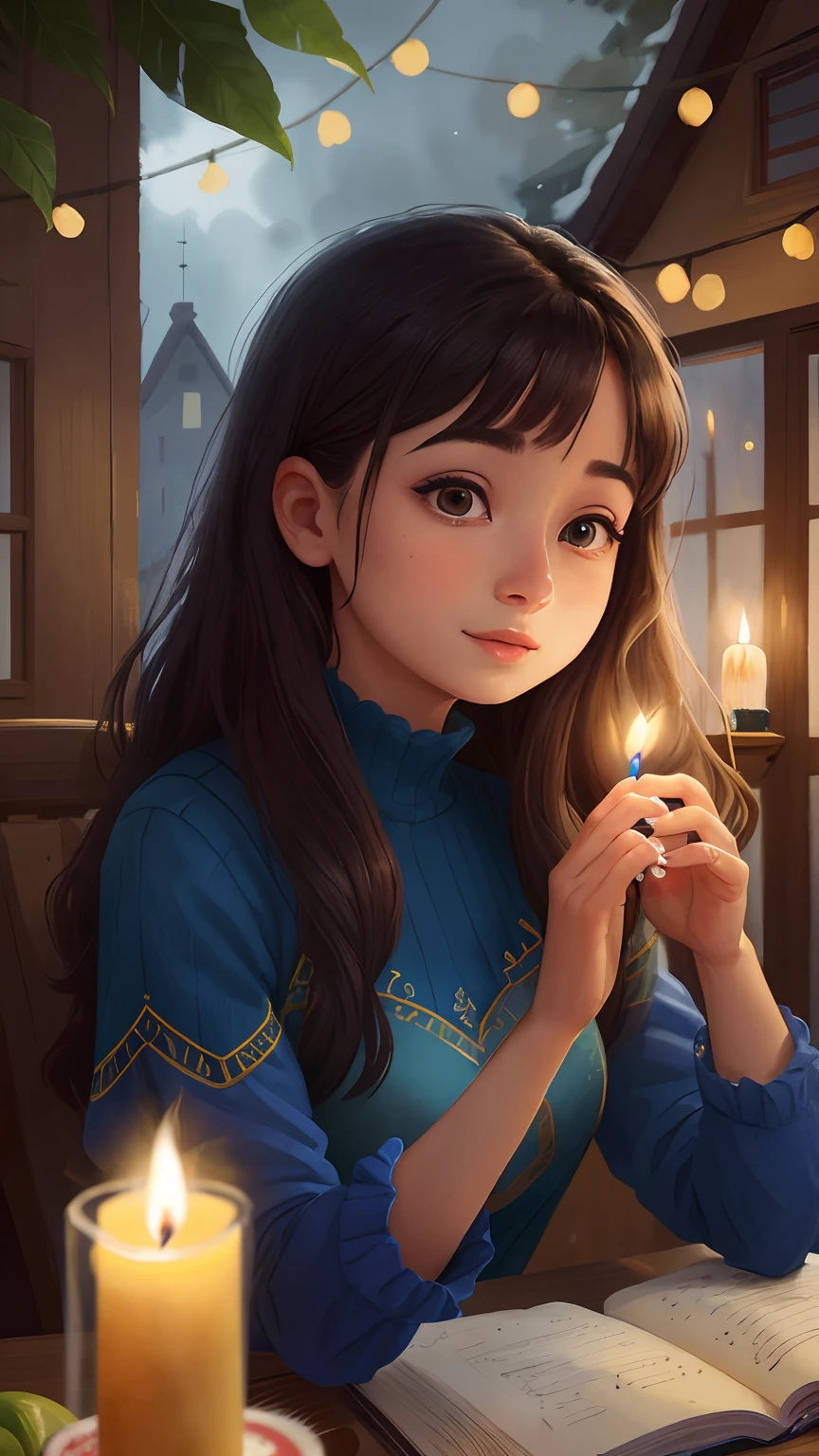 Many people , men and women, 25 years old, black hair, blue theme, together holding a candle in their palms, birrthday, warm lovely atmosphere, bright theme, blue clothes , kindness, clear focus (clutter - house: 0.8), (masterpiece: 1.2) (Realistic: 1.2) (Bokeh) (Best quality) (Detailed skin: 1.3) (Intricate details) (8K) (Detail eyes) (Sharp focus),  (Happy)