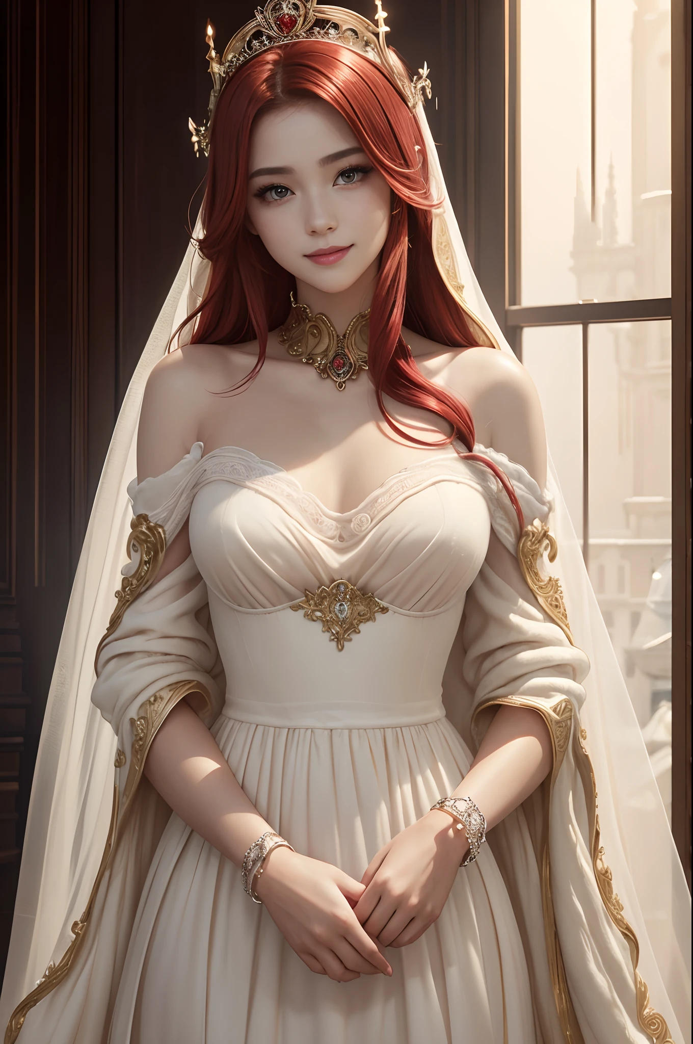 (masterpiece:1.2)、top-quality、(illstration:1.2)、(The ultra-detailliert)、Eye Focus、(Masterfully crafted Glow)、(Cinematic background)、Hyper-detailing、(delicate detail)、(intricate detailes)、octan render、HDR、(Hyper-detailing:1.15)、(softlight:1.2)、Super Beautiful Princess、Woman in a very beautiful red and white dress、Golden Decoration(super model:1.3)、Woman made up of paint、entirely paint、Splat、Splash、bionde(Bionde:1.1)、(radiant eyes)、((make - up))、(Cinematic masterpiece)、Delicate and powerful、 (Cinematic headlight)、((Caustic))、dynamic ungle、Beautiful detail glow、ambient occlusion、ambient lights、Ray trace reflection、(best illumination、Extremely delicate and beautiful)、((ciinematic light))、(The soft:2)、Vivid and high contrast、Contre-Jour、huge tit、Intricate details EABA、red cloak、silver tiara、a smile, long red hair,Golden decoration,sexy pose,