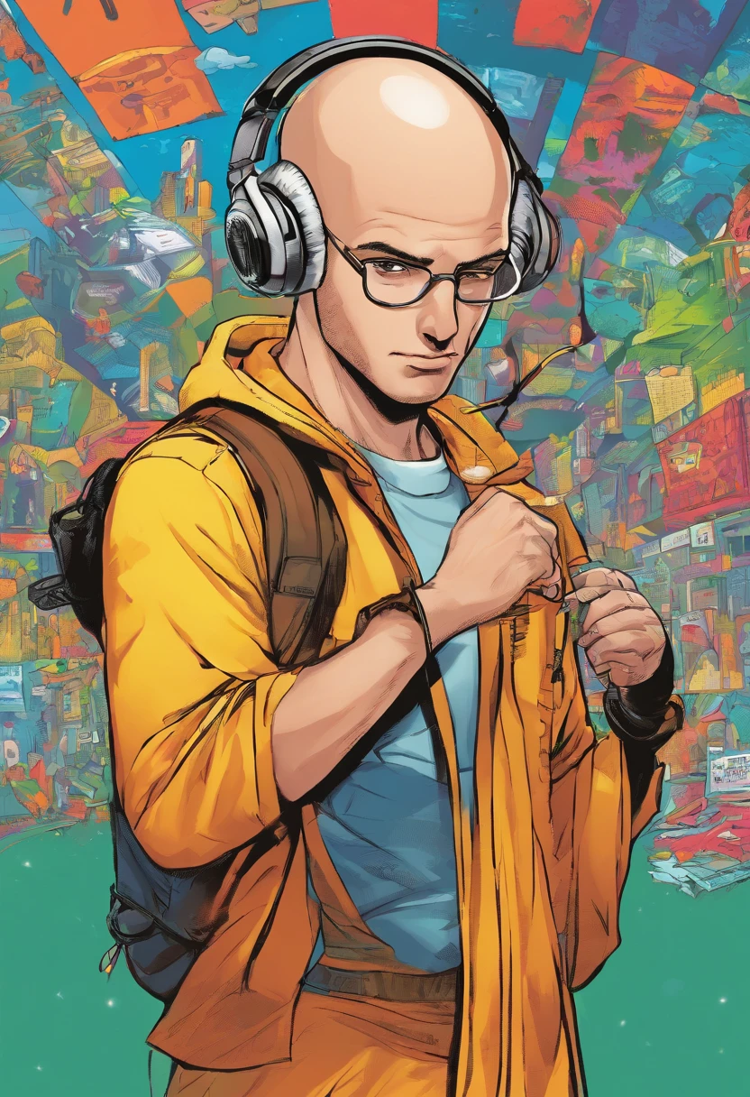 A bald man dressed as Midorya with headphone on his head