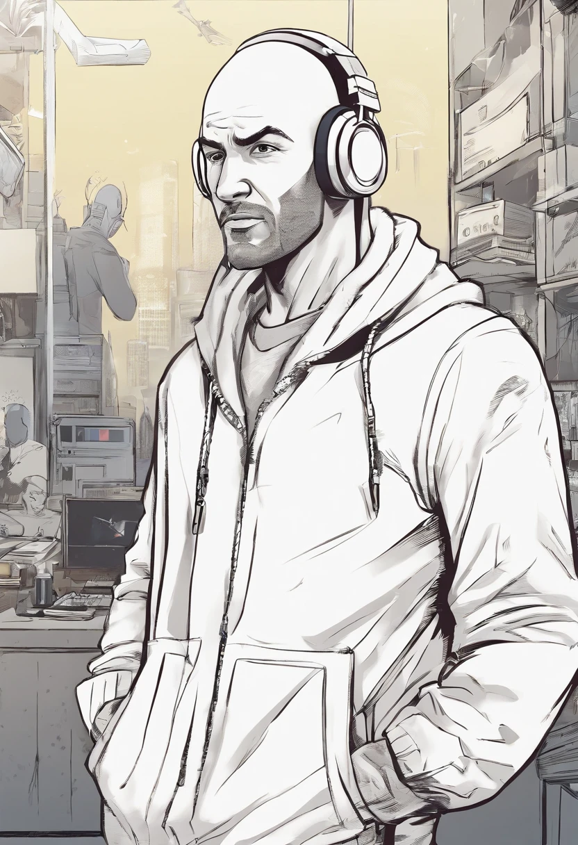 A bald man dressed as Midorya with headphone on his head