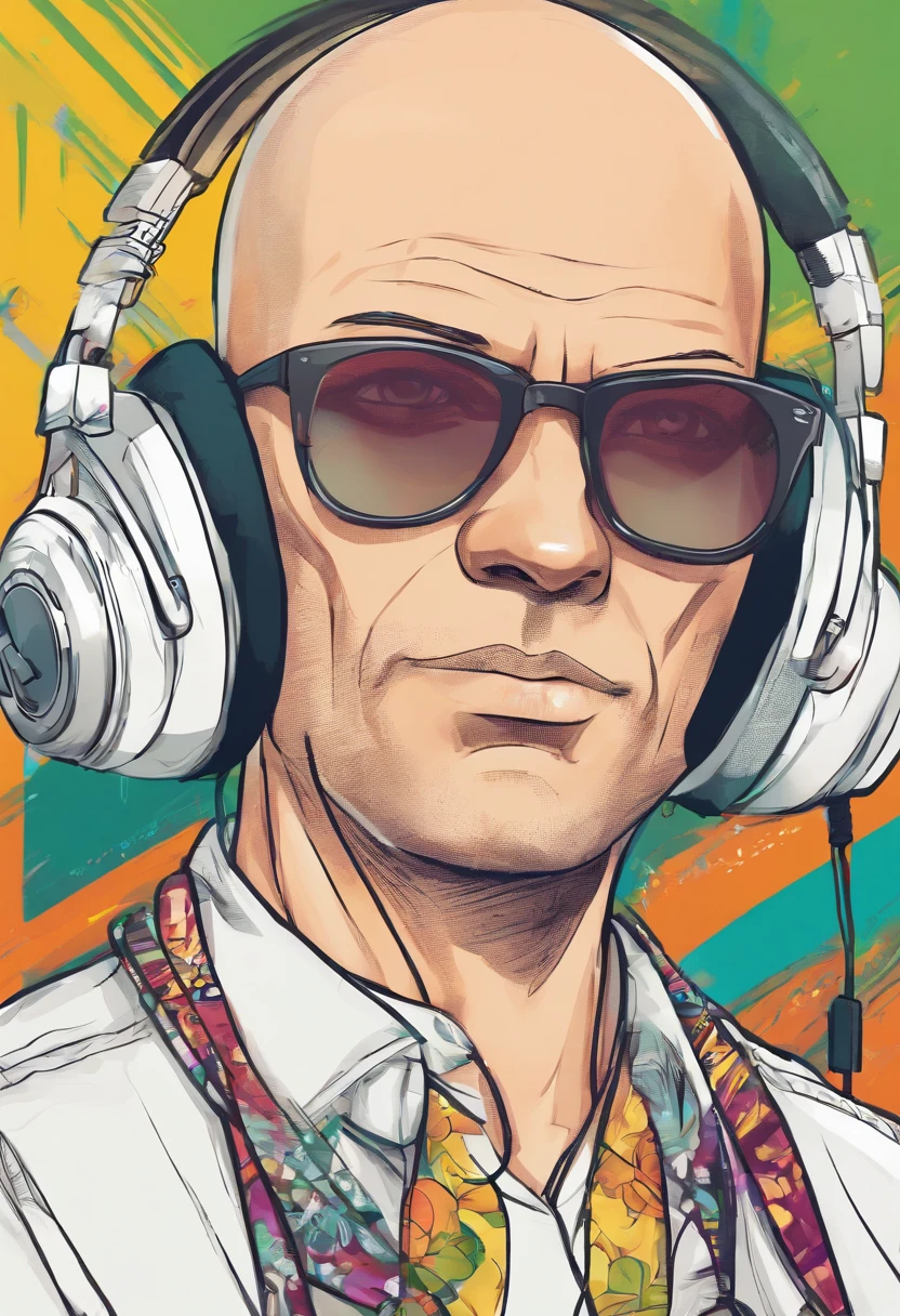 A bald man dressed as Midorya with headphone on his head