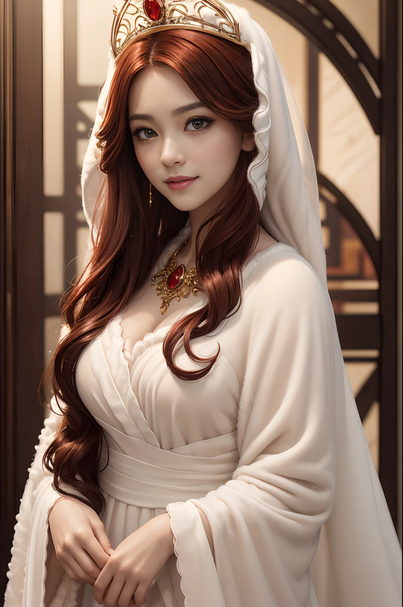 (masterpiece:1.2)、top-quality、(illstration:1.2)、(The ultra-detailliert)、Eye Focus、(Masterfully crafted Glow)、(Cinematic background)、Hyper-detailing、(delicate detail)、(intricate detailes)、octan render、HDR、(Hyper-detailing:1.15)、(softlight:1.2)、Super Beautiful Princess、Woman in a very beautiful red and white dress、Golden Decoration(super model:1.3)、Woman made up of paint、entirely paint、Splat、Splash、bionde(Bionde:1.1)、(radiant eyes)、((make - up))、(Cinematic masterpiece)、Delicate and powerful、 (Cinematic headlight)、((Caustic))、dynamic ungle、Beautiful detail glow、ambient occlusion、ambient lights、Ray trace reflection、(best illumination、Extremely delicate and beautiful)、((ciinematic light))、(The soft:2)、Vivid and high contrast、Contre-Jour、huge tit、Intricate details EABA、red cloak、silver tiara、a smile, long red hair,Golden decoration,sexy pose,