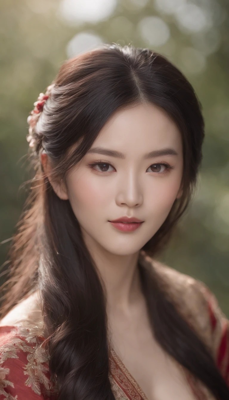 Chinese beautiful woman,Long black hair,Willow eyebrows,Danfeng Eyes,small-nose,Cherry small mouth,Slightly exposed chest,Photographic lenses,kanon,Front close-up,Realistic details
