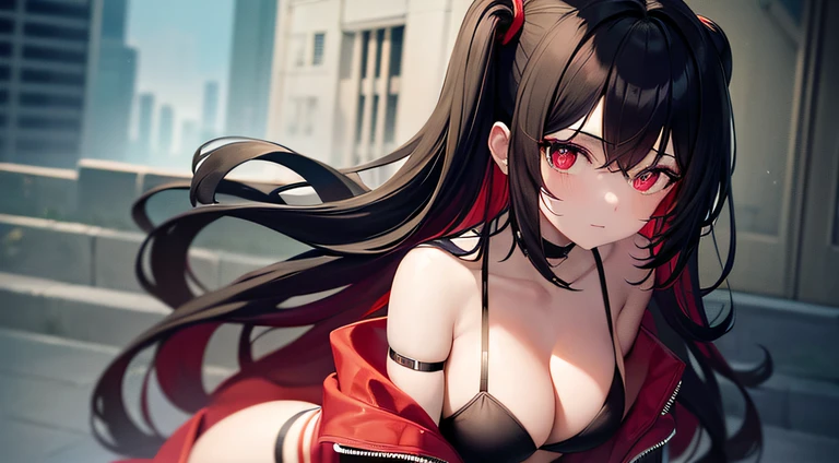 1 girl, teal eye color,black hair outside ,dark wear with red details, cute flowers in hair ,wearing black bikini with red contrast, red hair inside ,light,hair color contrast red,cyberpunk city, cyberpunk wear,Delicate face, wearing neon clothes, off shoulder, open clothes , black thighhighs, 8k ,4k, (highestdetailed:1.25), masterpiece, absurdres,high res, ultrasgarp , lookin at viewer