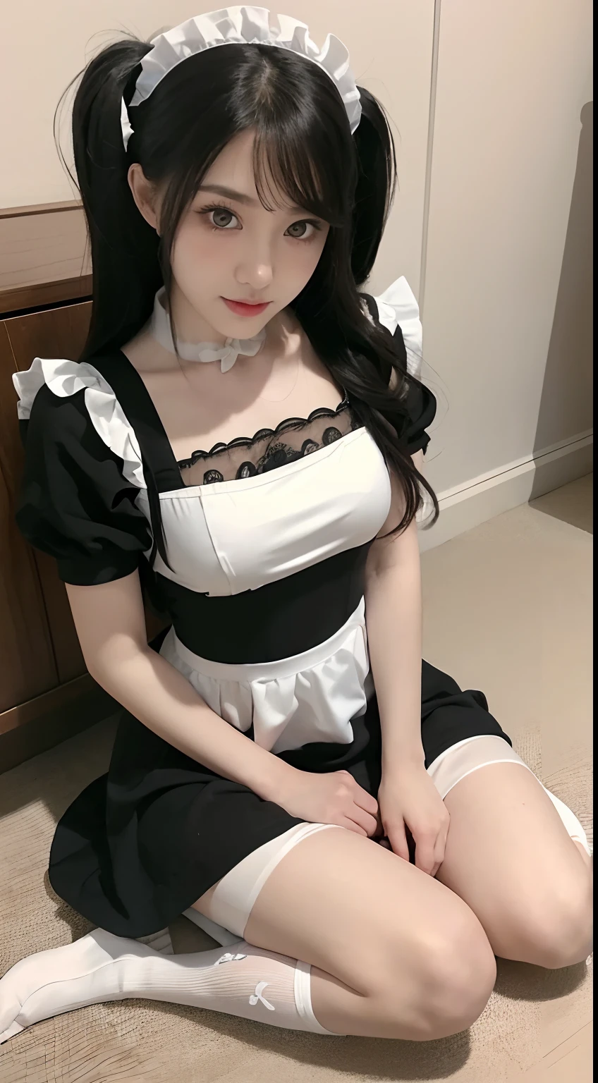 high quality photos, Correct human body proportions, correct body structure, masterpiece, ultra high definition, (realistically: 1.4), Realistic style, original photo, 1 girl, british maid, Ruffled transparent maid outfit, ponytail, Braided hair , ruffled translucent shirt, ribbon tie, apron, mini skirt, puff sleeves, white, glowing skin, victorian era, no gray background, handheld tray,Comes with silver kettle and porcelain tea cup, Full body image , split, Black mesh garter belt, black shoes, a cat at her feet, long legs, big breasts, smile for camera, Reveal an alluring expression, convex, camel toe, High-definition images, Delicate skin texture, Delicate clothes have wrinkles, Clothing texture, bedroom background,There is a washboard on the floor, sexy pose, erotica, hot