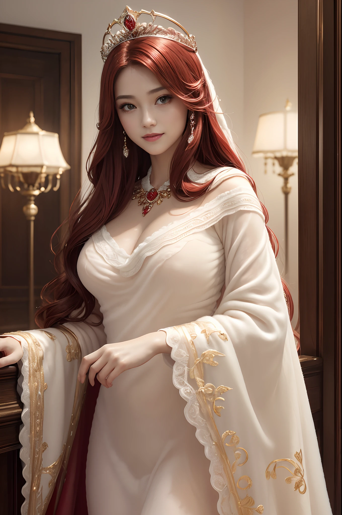 (masterpiece:1.2)、top-quality、(illstration:1.2)、(The ultra-detailliert)、Eye Focus、(Masterfully crafted Glow)、(Cinematic background)、Hyper-detailing、(delicate detail)、(intricate detailes)、octan render、HDR、(Hyper-detailing:1.15)、(softlight:1.2)、Super Beautiful Princess、Woman in a very beautiful red and white dress、Golden Decoration(super model:1.3)、Woman made up of paint、entirely paint、Splat、Splash、bionde(Bionde:1.1)、(radiant eyes)、((make - up))、(Cinematic masterpiece)、Delicate and powerful、 (Cinematic headlight)、((Caustic))、dynamic ungle、Beautiful detail glow、ambient occlusion、ambient lights、Ray trace reflection、(best illumination、Extremely delicate and beautiful)、((ciinematic light))、(The soft:2)、Vivid and high contrast、Contre-Jour、huge tit、Intricate details EABA、red cloak、silver tiara、a smile, long red hair,Golden decoration,sexy pose,