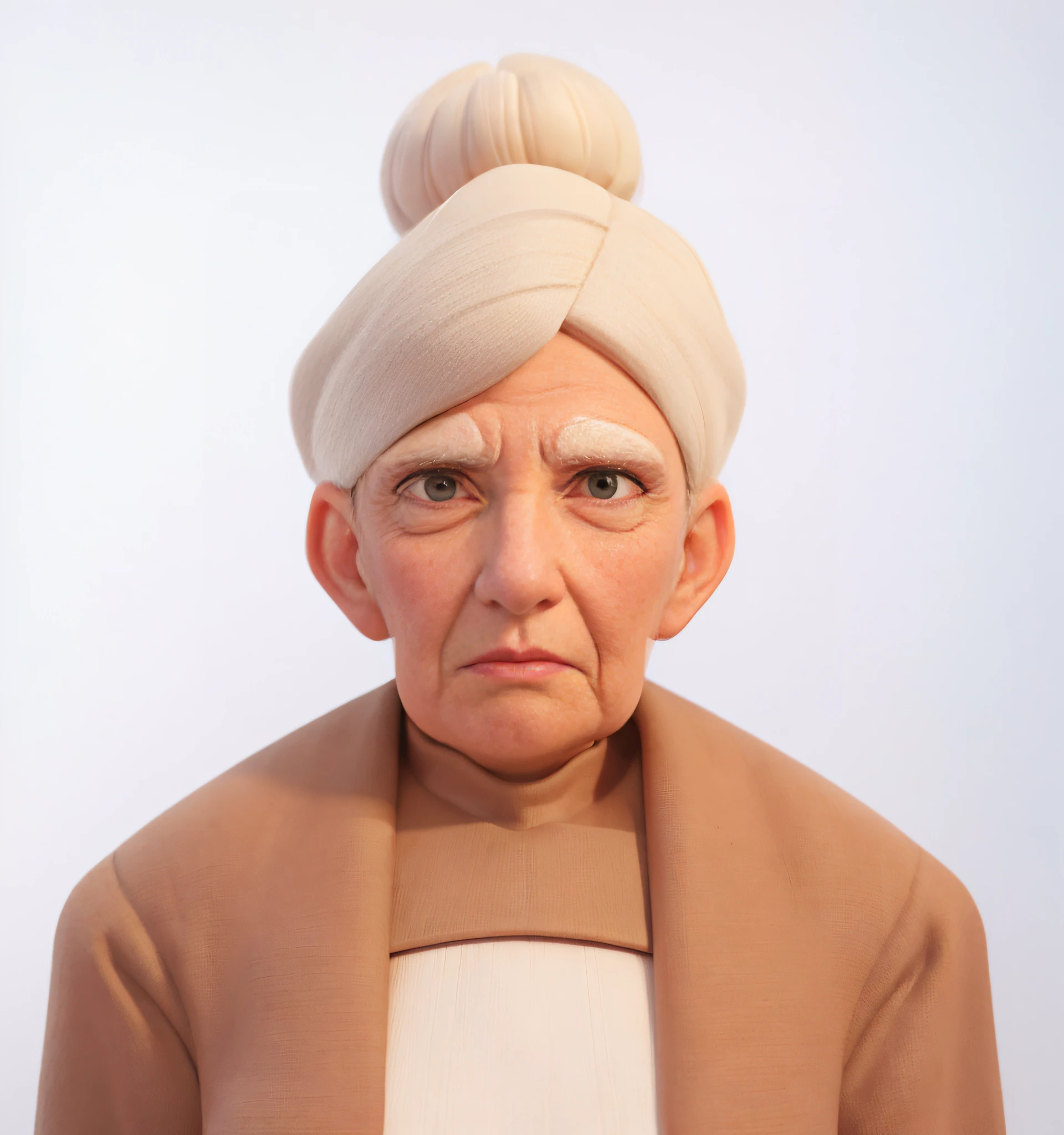 white background, ((3d rendered, cartoon)), An old lady, dark brown cardigan outer, cream color dress, white hair, hair bun, (stoop, flat chest), wizened face, thick white eyebrows, sad, lighting from the right,