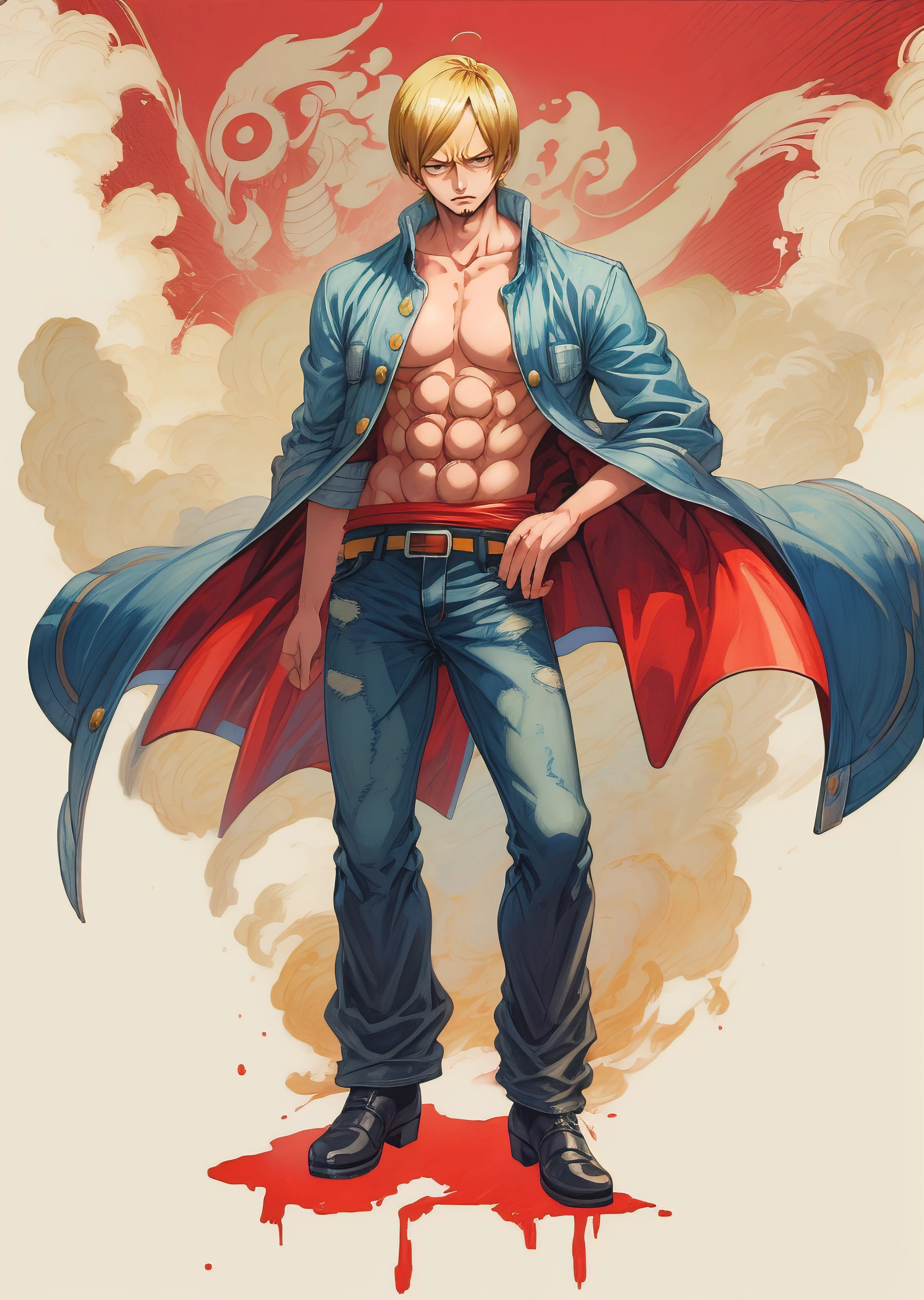 1man, solo, (masterpiece), best quality, ultra-detailed, Sanji from One Piece, Retro style, full body. fashion cloth, jean jacket, fancy.
