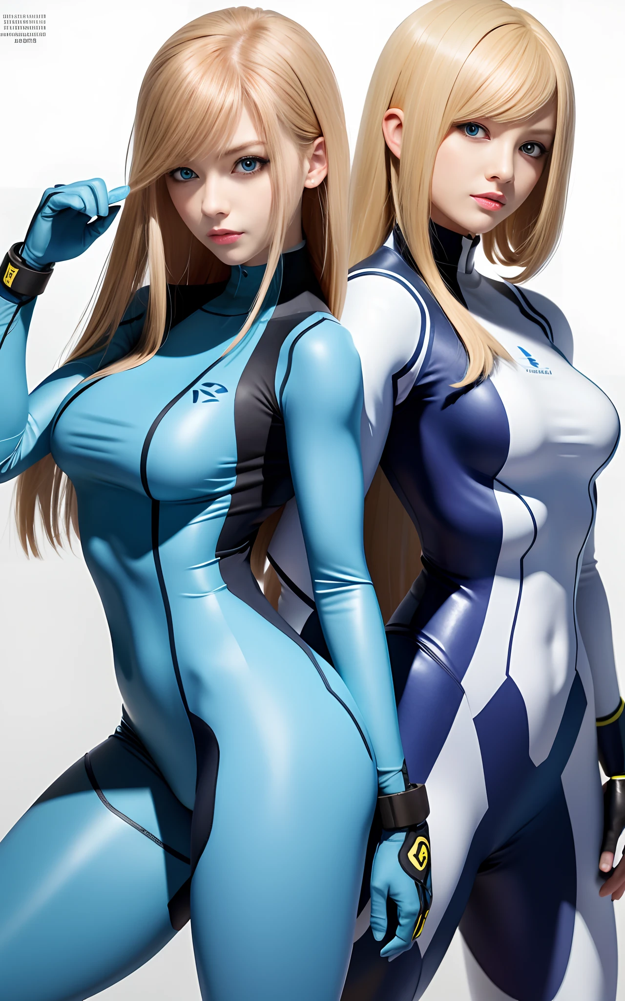 zero suit samus, blue eyes, waist shot, zero suit, stunning proportions, 2 girls, smile