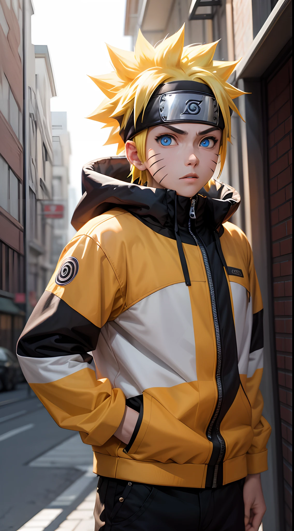 Masterpiece, Superb Style, streewear chothes, Outdoor, half Body, Uzumaki Naruto, blue eyes, short yellow hair,a boy