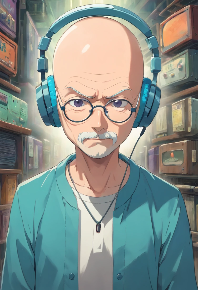 A bald man dressed as Midorya with headphone on his head