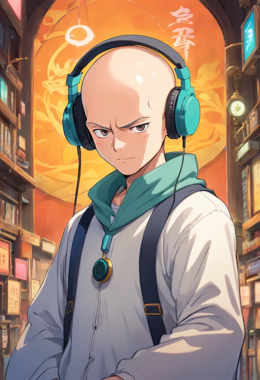 A bald man dressed as Midorya with headphone on his head