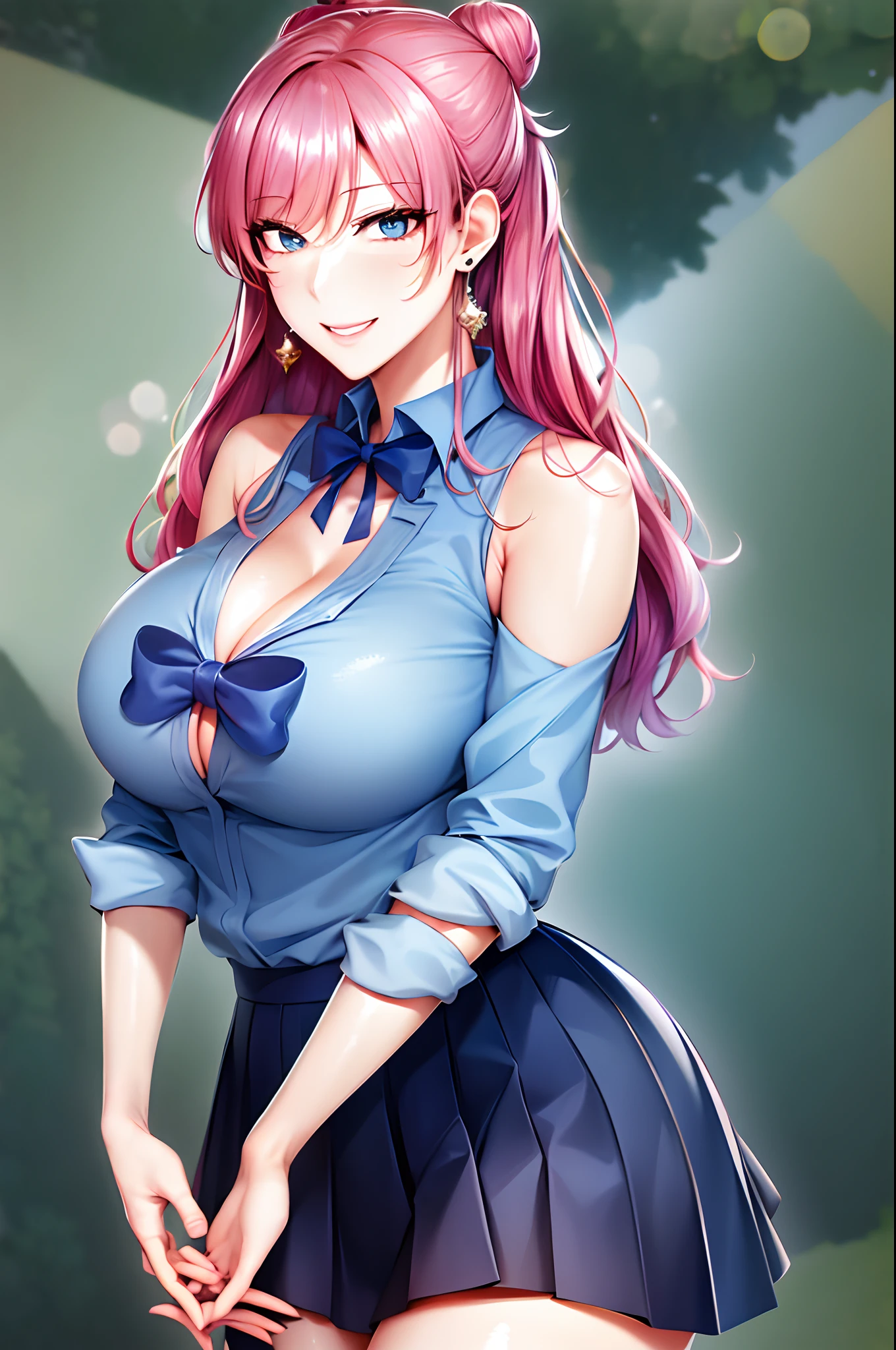 masterpiece, best quality, highres, aaakari, long hair, cone hair bun, earrings, medium breasts, cleavage, blue shirt, blue bow, shoulder cutout, pleated skirt, blue skirt (close up:1.2), forest, , smile, standing, hypnosis, open cloth, bra, nipple, belly, (shoujo-style), (romance manhwa),