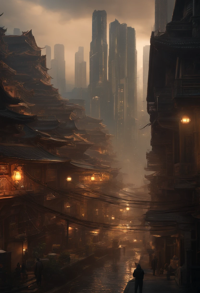 Cyberpunk City du film de science-fiction, Rue vide, Nuit, Chinese buildings, Ancien magasin, Irregular, circuit boards, Fils, complexe, super detailed, Realstic, hyper realistic, High quality, meilleur, super detailed, Crazy Detail, Very detailed, photoreallistic, Epic composition, Best quality, 32k --v 6