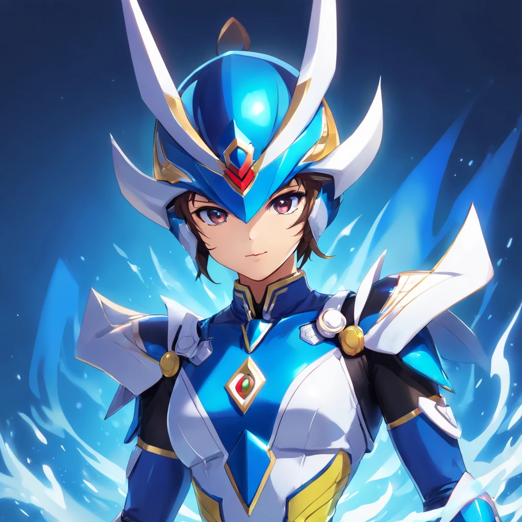 Foto dos desenhos animados da mulher no traje branco, mulher humanoide do inseto quente, estilo Guyver, sfw version, olho azul, scaraber reploid, cauda, Cel Shade Adult Animation, Alien Queen, pose serpentina, Super Sentai Series、Megaranger、hero mask、Kamen Rider,Kamen Hero, Capacete em forma de elementos de gafanhotos, armadura fechada,Protetor facial fechado,Cor branca,armadura branca,Elemento de chama azul,punho,The Chinese Character "fogoso" in the middle of the Kamen Rider Belt,((("solo"))), Arte Yugioh, qualidade superior, tmasterpiece, A high resolution