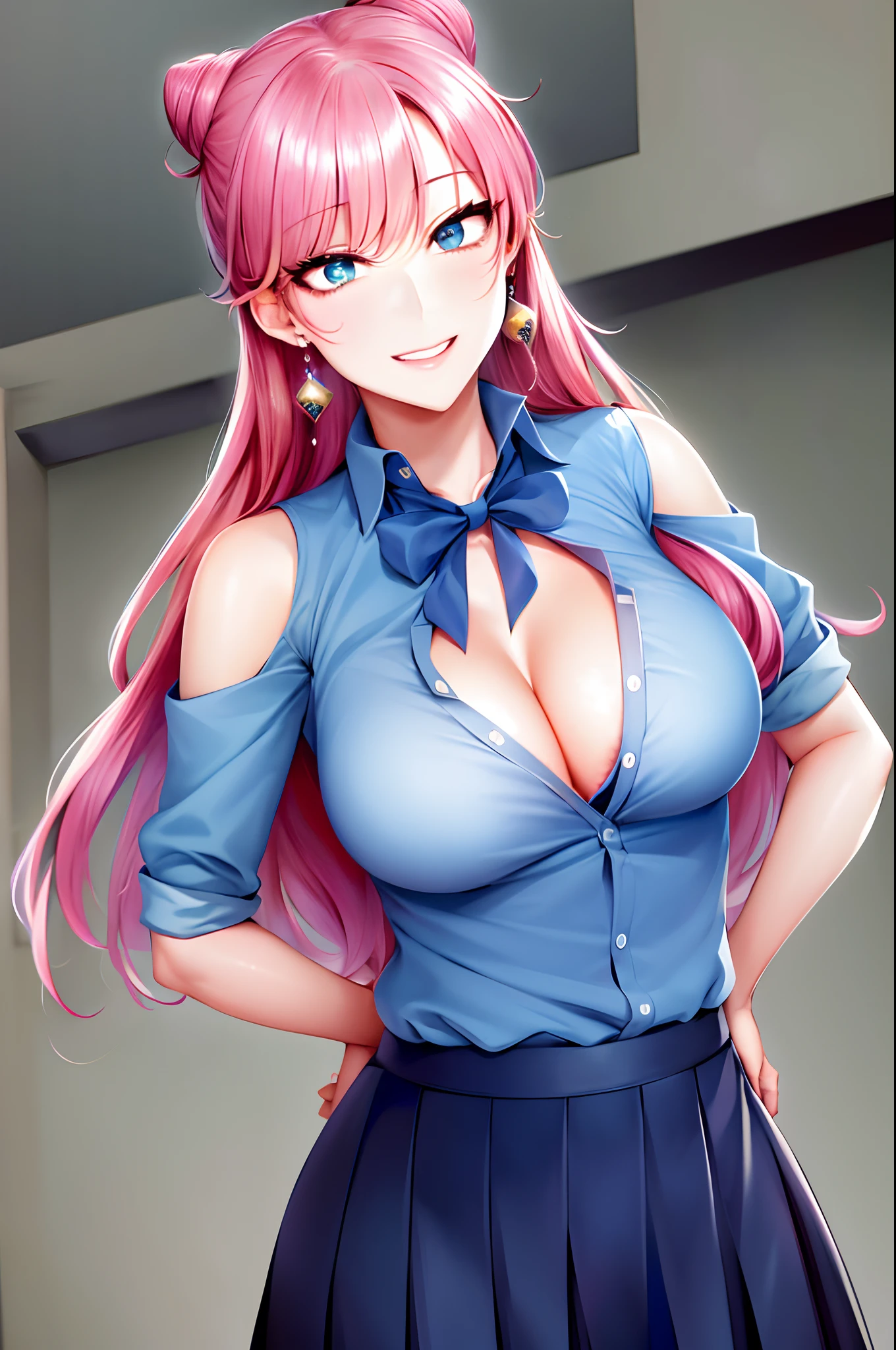 masterpiece, best quality, highres, aaakari, long hair, cone hair bun, earrings, medium breasts, cleavage, blue shirt, blue bow, shoulder cutout, pleated skirt, blue skirt (close up:1.2), forest, , smile, standing, hypnosis, open cloth, bra, nipple, belly, (shoujo-style), (romance manhwa),