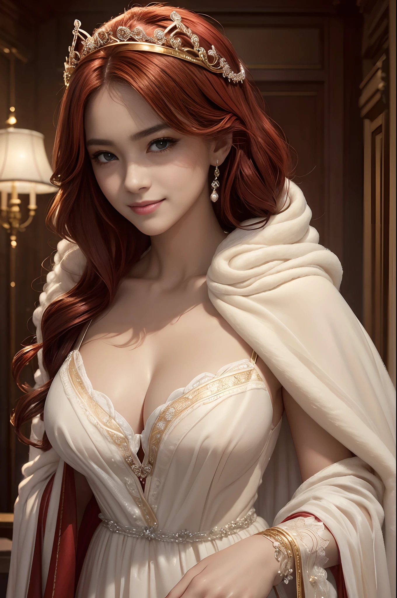 (masterpiece:1.2)、top-quality、(illstration:1.2)、(The ultra-detailliert)、Eye Focus、(Masterfully crafted Glow)、(Cinematic background)、Hyper-detailing、(delicate detail)、(intricate detailes)、octan render、HDR、(Hyper-detailing:1.15)、(softlight:1.2)、Super Beautiful Princess、Woman in a very beautiful red and white dress、Golden Decoration(super model:1.3)、Woman made up of paint、entirely paint、Splat、Splash、bionde(Bionde:1.1)、(radiant eyes)、((make - up))、(Cinematic masterpiece)、Delicate and powerful、 (Cinematic headlight)、((Caustic))、dynamic ungle、Beautiful detail glow、ambient occlusion、ambient lights、Ray trace reflection、(best illumination、Extremely delicate and beautiful)、((ciinematic light))、(The soft:2)、Vivid and high contrast、Contre-Jour、huge tit、Intricate details EABA、red cloak、silver tiara、a smile, long red hair,Golden decoration,sexy pose,Emphasizes cleavage,