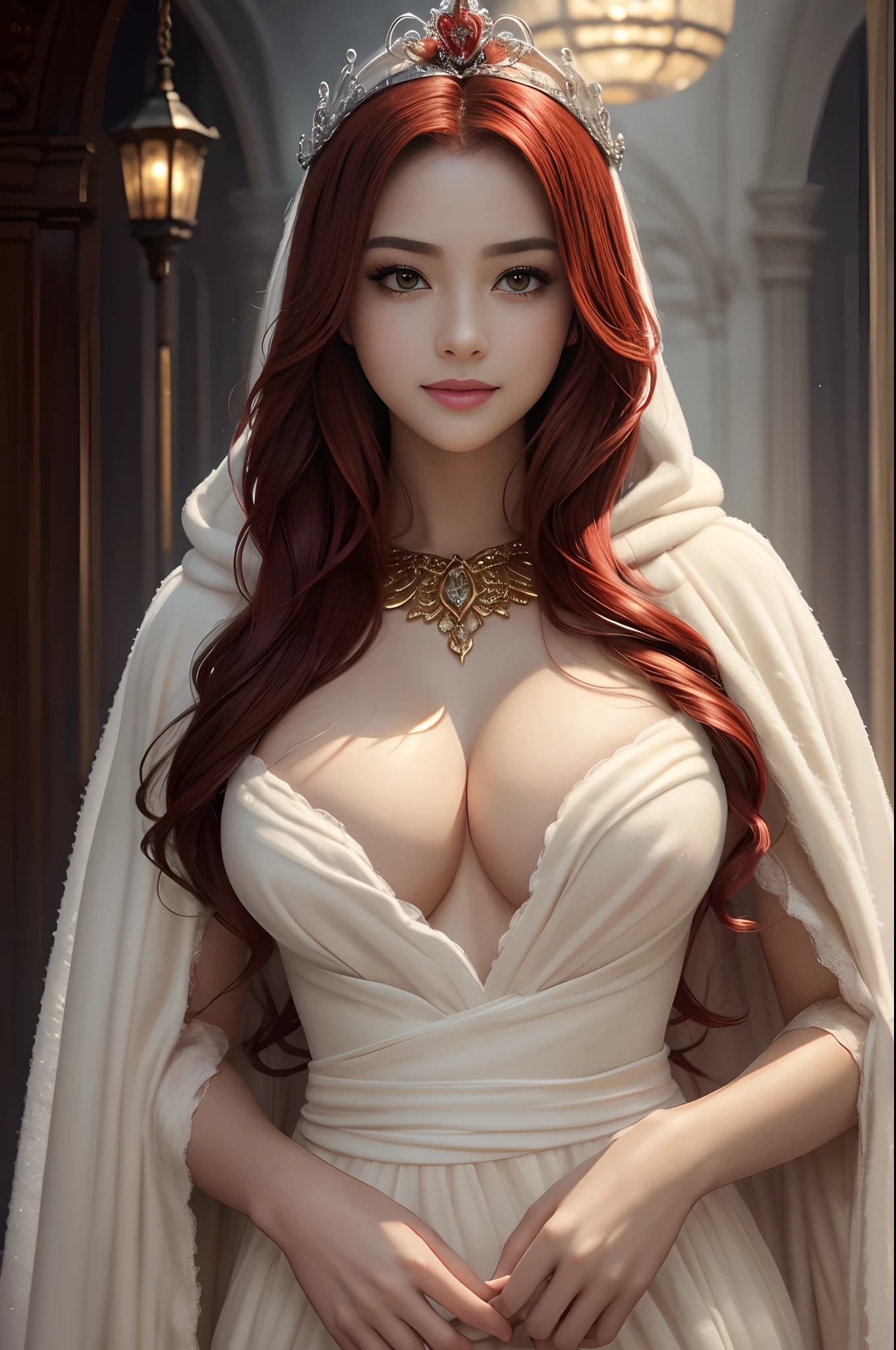 (masterpiece:1.2)、top-quality、(illstration:1.2)、(The ultra-detailliert)、Eye Focus、(Masterfully crafted Glow)、(Cinematic background)、Hyper-detailing、(delicate detail)、(intricate detailes)、octan render、HDR、(Hyper-detailing:1.15)、(softlight:1.2)、Super Beautiful Princess、Woman in a very beautiful red and white dress、Golden Decoration(super model:1.3)、Woman made up of paint、entirely paint、Splat、Splash、bionde(Bionde:1.1)、(radiant eyes)、((make - up))、(Cinematic masterpiece)、Delicate and powerful、 (Cinematic headlight)、((Caustic))、dynamic ungle、Beautiful detail glow、ambient occlusion、ambient lights、Ray trace reflection、(best illumination、Extremely delicate and beautiful)、((ciinematic light))、(The soft:2)、Vivid and high contrast、Contre-Jour、huge tit、Intricate details EABA、red cloak、silver tiara、a smile, long red hair,Golden decoration,sexy pose,Emphasizes cleavage,