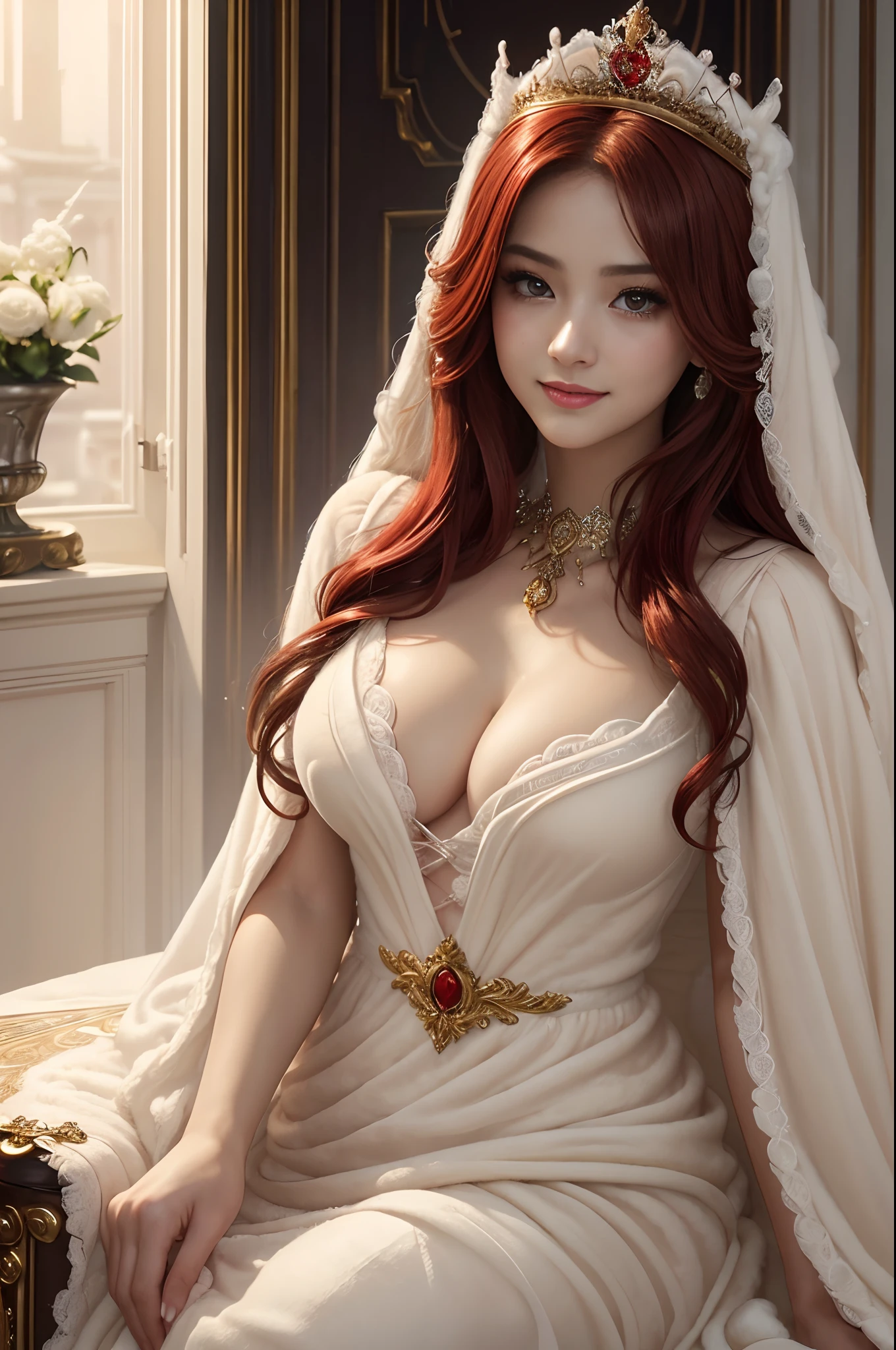 (masterpiece:1.2)、top-quality、(illstration:1.2)、(The ultra-detailliert)、Eye Focus、(Masterfully crafted Glow)、(Cinematic background)、Hyper-detailing、(delicate detail)、(intricate detailes)、octan render、HDR、(Hyper-detailing:1.15)、(softlight:1.2)、Super Beautiful Princess、Woman in a very beautiful red and white dress、Golden Decoration(super model:1.3)、Woman made up of paint、entirely paint、Splat、Splash、bionde(Bionde:1.1)、(radiant eyes)、((make - up))、(Cinematic masterpiece)、Delicate and powerful、 (Cinematic headlight)、((Caustic))、dynamic ungle、Beautiful detail glow、ambient occlusion、ambient lights、Ray trace reflection、(best illumination、Extremely delicate and beautiful)、((ciinematic light))、(The soft:2)、Vivid and high contrast、Contre-Jour、huge tit、Intricate details EABA、red cloak、silver tiara、a smile, long red hair,Golden decoration,sexy pose,Emphasizes cleavage,