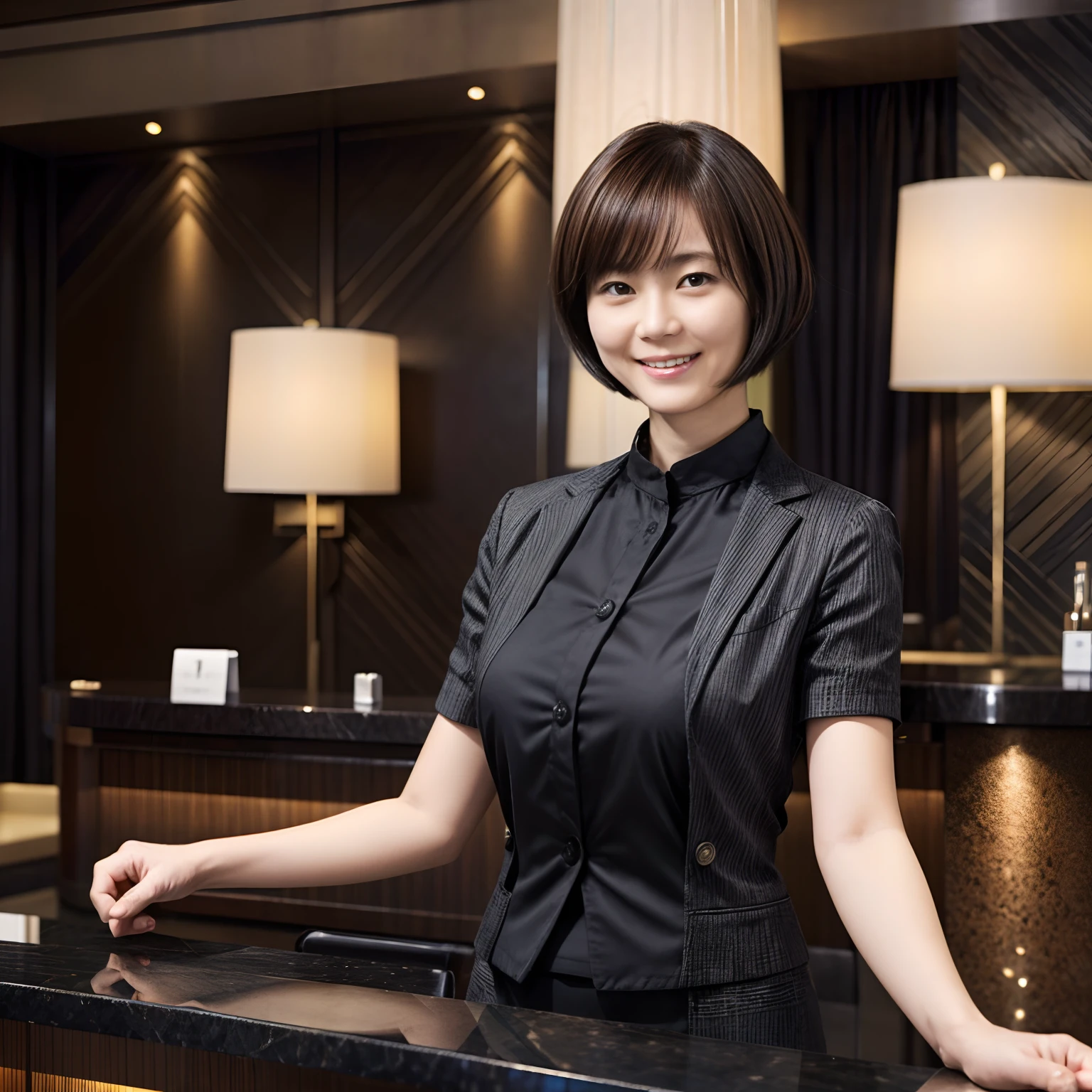 50
(19-year-old woman), (A hyper-realistic), (masutepiece), Short bob cut, Concierge at the hotel reception, kindly smile