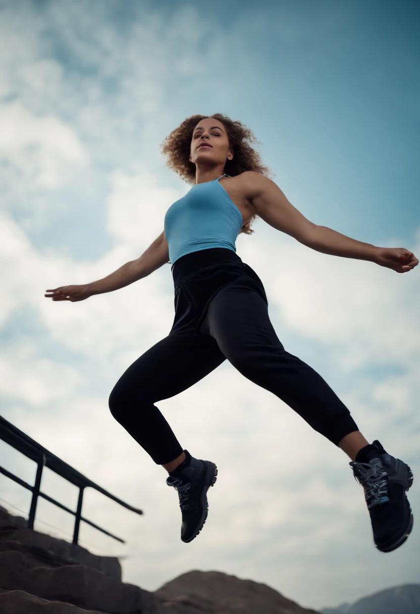 A beautiful girl jumping high in the air with his foot dangle, with black gloves in his handes, in the style of light sky - blue and dark yellow, commercial imagery, konica auto s3, close - up intensity, hip hop aesthetics, sky - blue and black, functional design, ultra gran angular