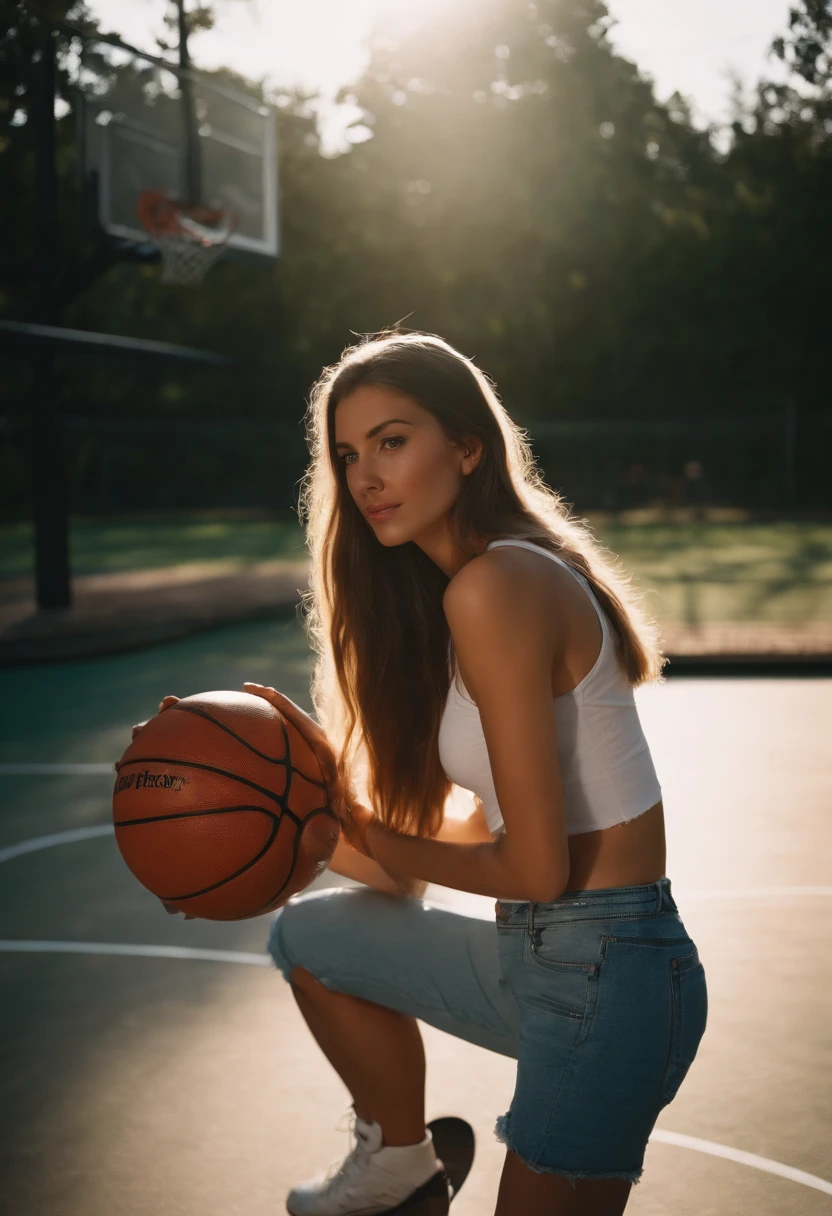 Woman holding basketball, look at viewer, long hair , perfect body, tank top, short jeans, big breast, (on a basketball court), out door,
, (Rim Light:1.2), 35mm film, kodak film