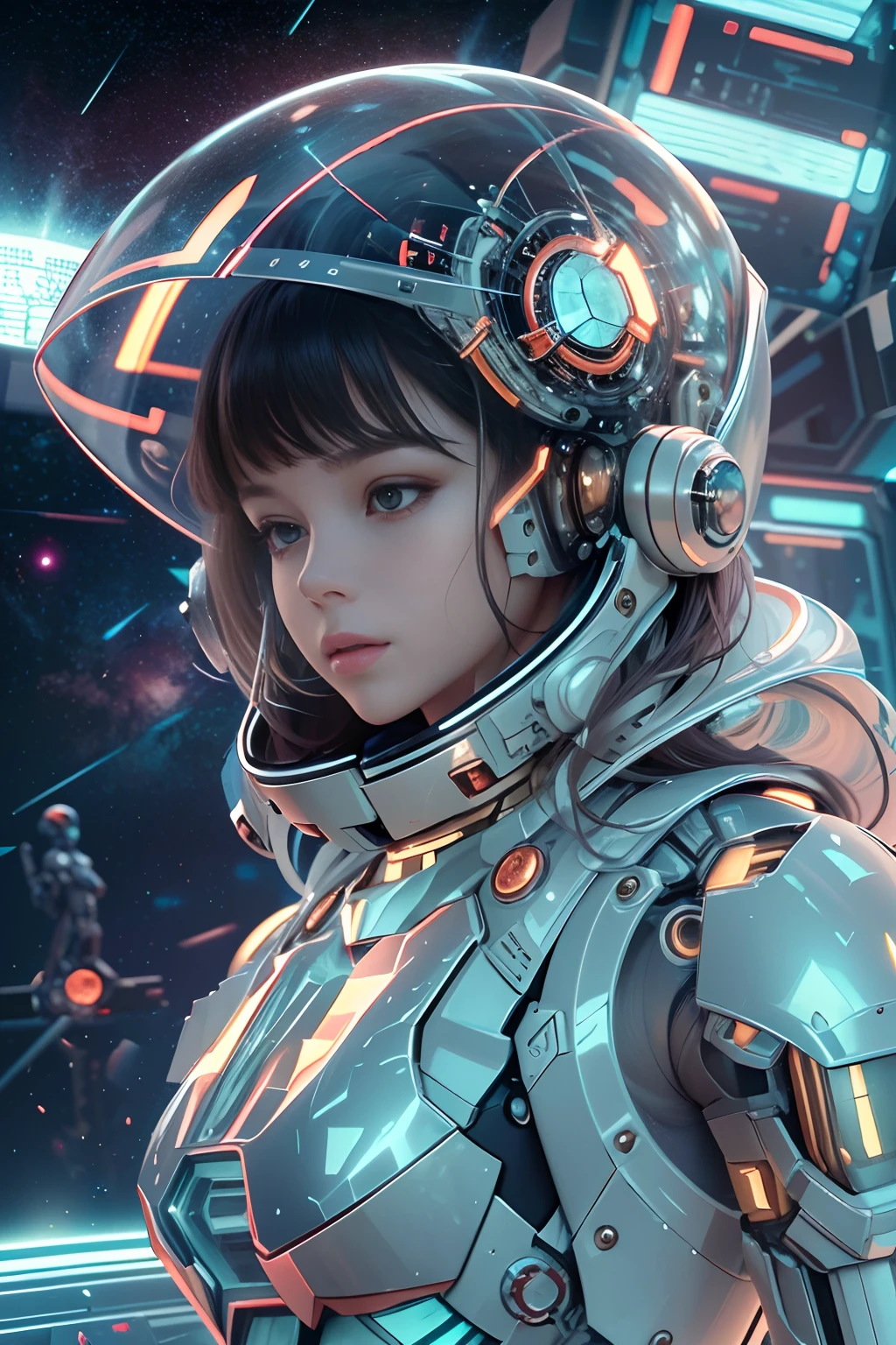Translucent ethereal mechanical astronaut,Futuristic girl,Mechanical joints,Futuristic space helmet covers face,Futuristic space starry sky background,ModelShoot style, (Extremely detailed CG unified 8K wallpaper), The beauty of abstract stylized portraits,,surrealism, 8K, Super detail, Best quality, Award-Awarded, Anatomically correct, 16k, Super detail