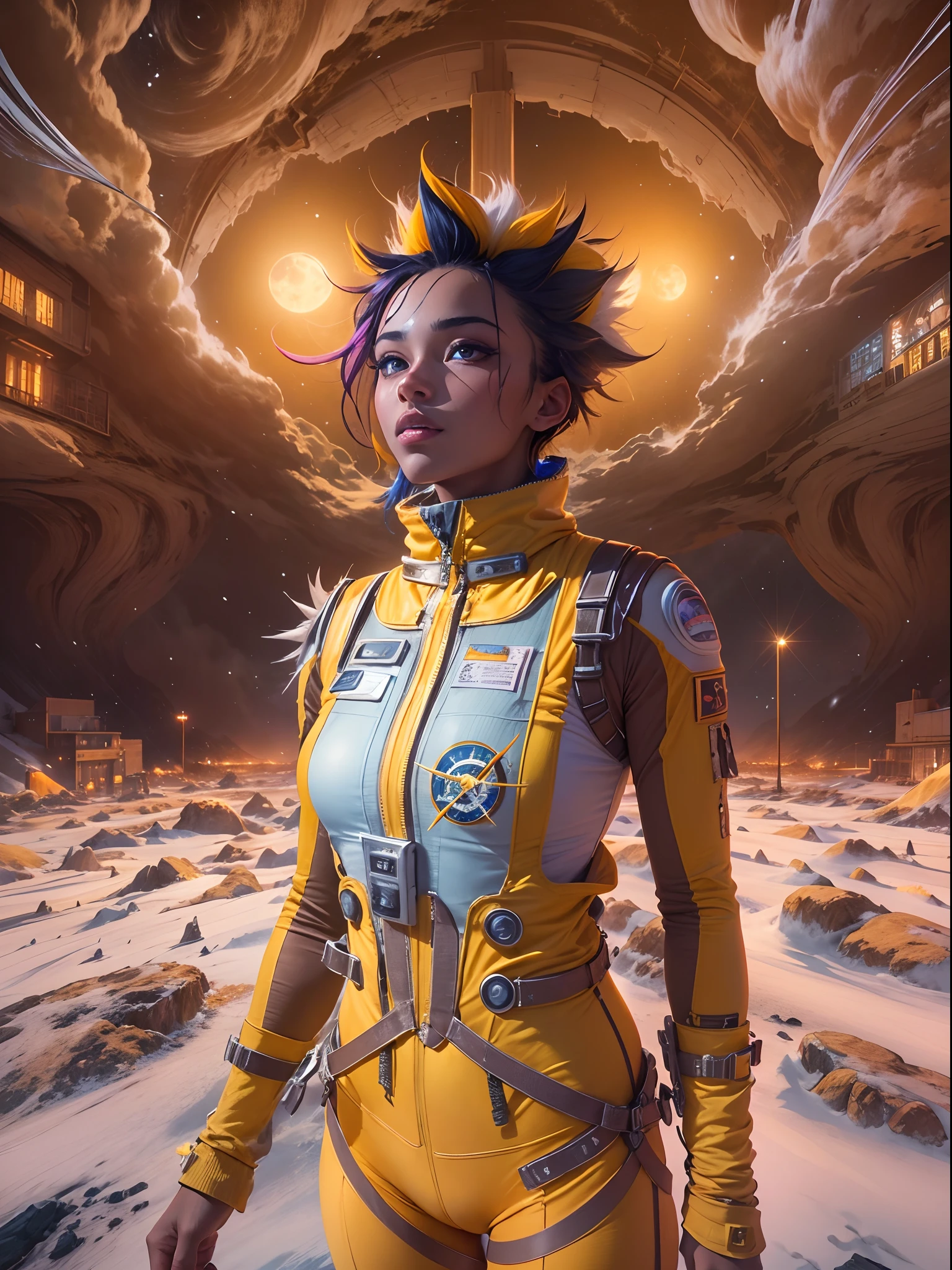 ((best quality)) , ((masterpiece)) , (detailed) , 8k, Complex background, surreal, Fashion shot of a Fluffy Unexpected buff South African (astronaut:1.3) Yoga, she is Energetic, she is feeling very melancholy, in [Tedious|Preposterous] Aerospace suit inspired by Google, her hair is Enigmatic and styled as Short and spiky, she has a Holistic Cuban DayGlo yellow Harness, Voyeuristic Wings, dense mountains and dungeon, Snowing, equirectangular 360, Visual novel, Happy, Yankeecore, Moonlight, Low shutter, Dichromatic, multidimensional, stylized, Sapphire detailed eyes, perfect skin, "I wandered lonely as a cloud.", extremely beautiful, unreal engine, 8k resolution