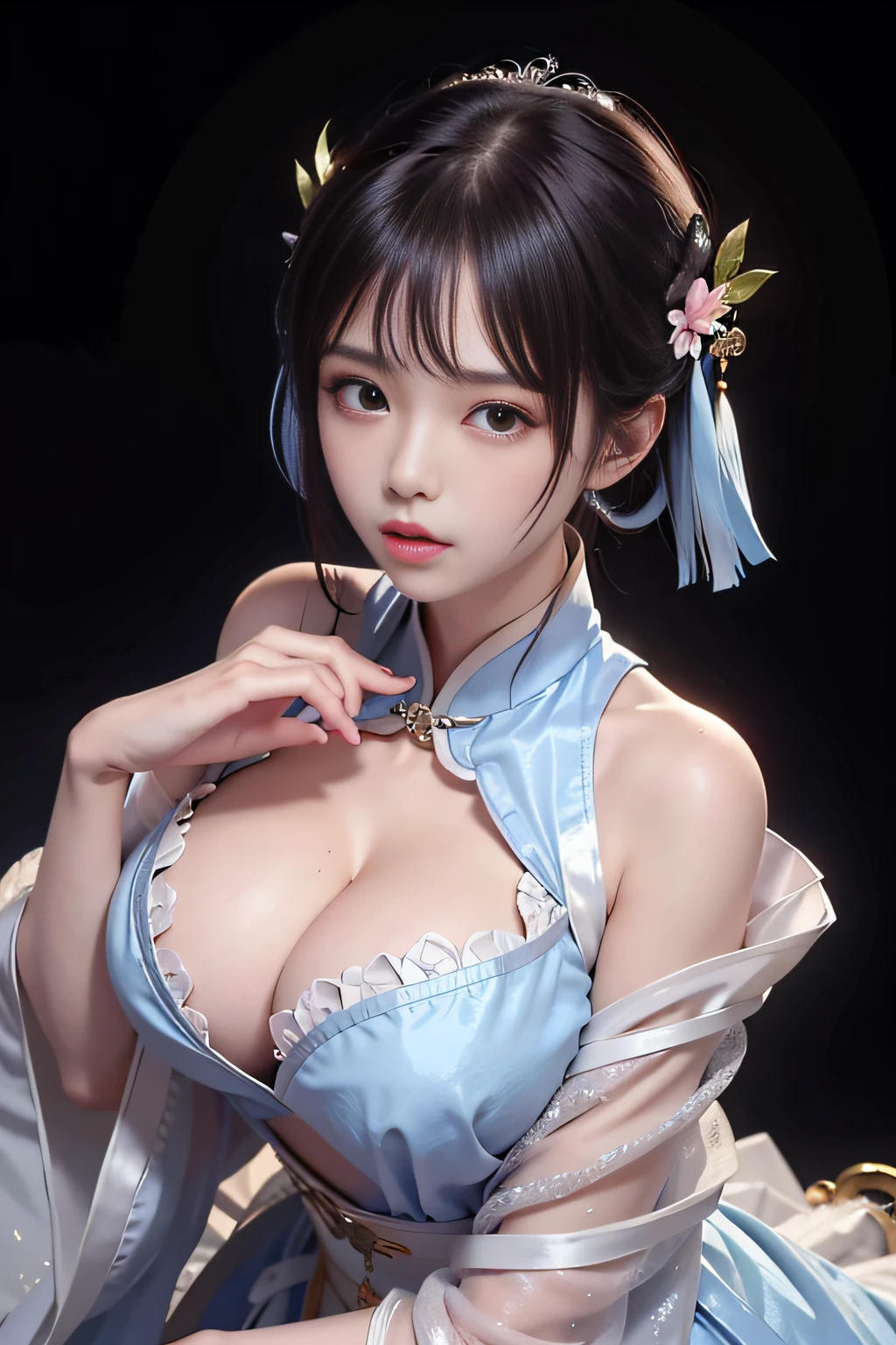 Wet-breasted Hanfu open V-chested clothes, All pictures, Wet body of thin silk fabric, Thin silk lace petticoat,princess 8 yeald old cute, (huge boobs，cleavage),petticoat, white pink, blue ，best qualtiy，tmasterpiece，超高分辨率，（真实感：1.4），RAW photogr，（True skin texture：1.3），（filmgrain：1.3），（Selfie angle），1个Giant Breast Girl，Beautiful eye and face details，tmasterpiece，Best quality at best，exposing thighs，Bigchest，The chest is more exposed，short detailed hair，above looking down facing at camera,short dressPrincess Eyes,Super big eyes,Detailed face,shiny pupils, randome color short dress