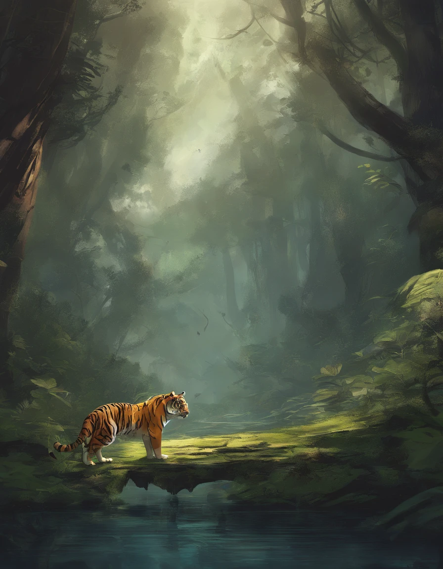 A majestic Siberian tiger is walking through a lush green forest in the rain，With vivid colors and realistic textures，The style is based on works by Vincent van Gogh and John James Audubon，Render with Octane，4K分辨率，Sony Master Lens，Cinematic lighting，Background bokeh，depth of fields，Photoreality。
