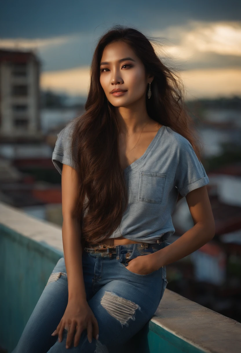 Thai Woman, look at viewer, long hair, t-shirt, Jeans, (town rooftop), rim light