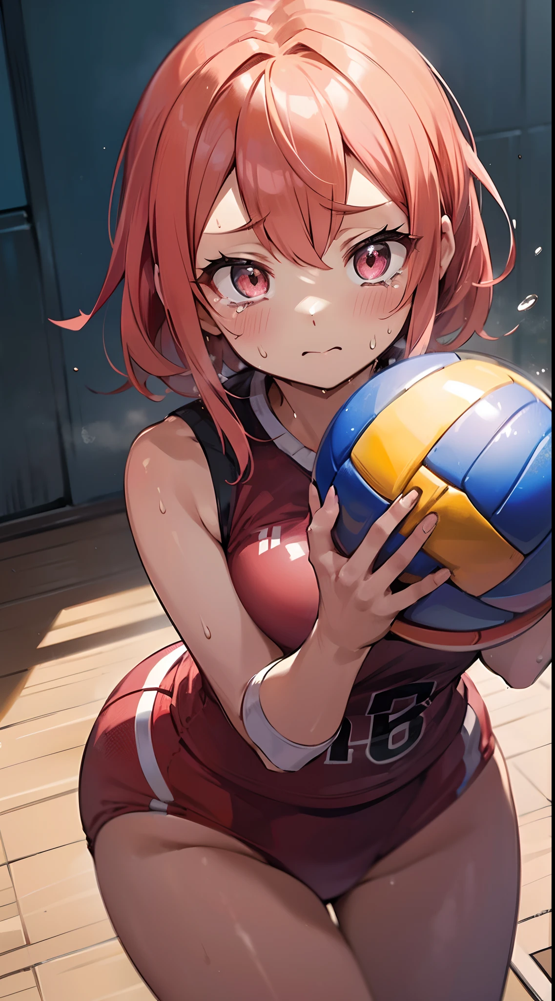 (((masutepiece))), (((Best Quality))), (((ultra-detailliert))), (((hight resolution))), ((superfine illustration)), ((Ultimate cutie)), Detailed beautiful face, Shiny hair, (gyaru), medium breasts, ((potbelly)), (((solo))), female volleyball player, sad, (tearfully), Dirty all over the body, BREAK, (((Hold spherical shape 6-inch volleyball))), BREAK, (((Buruma))), (Volleyball uniform), Sleeveless Volleyball Uniforms, (((Buruma))), (Kneepads), (elbow pad), (Bare hands), ((Sweat)), ((Covered in sweat)), (Breathless), on valleyball court, in gymnasium, Lighting, From above, Looking at viewers